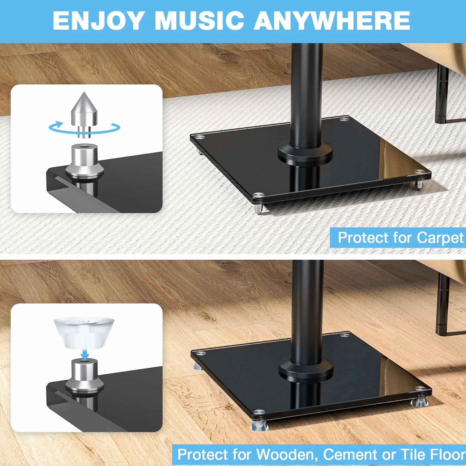 Rfiver 68cm Supporto universale per diffusori da pavimento, supporto per diffusori satellite e rack con gestione dei cavi, Nero