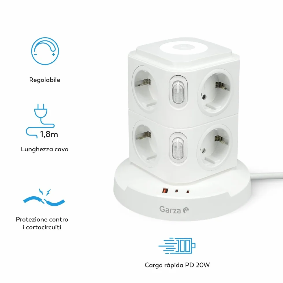 Ciabatta Elettrica 11 in 1 con 8 Prese Schuko, 2 USB-C PD20W e 1 USB-A, Bianco