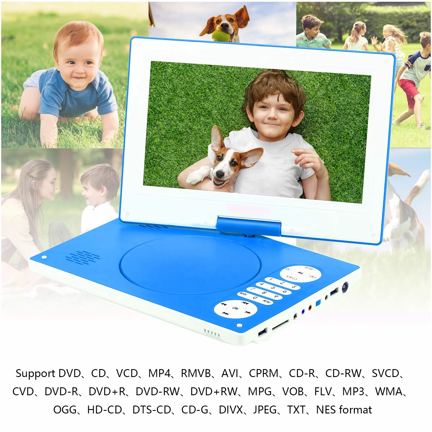 YOOHOO Lettore DVD portatile 12,5 pollici schermo girevole HD 270° batteria ricaricabile multi regione