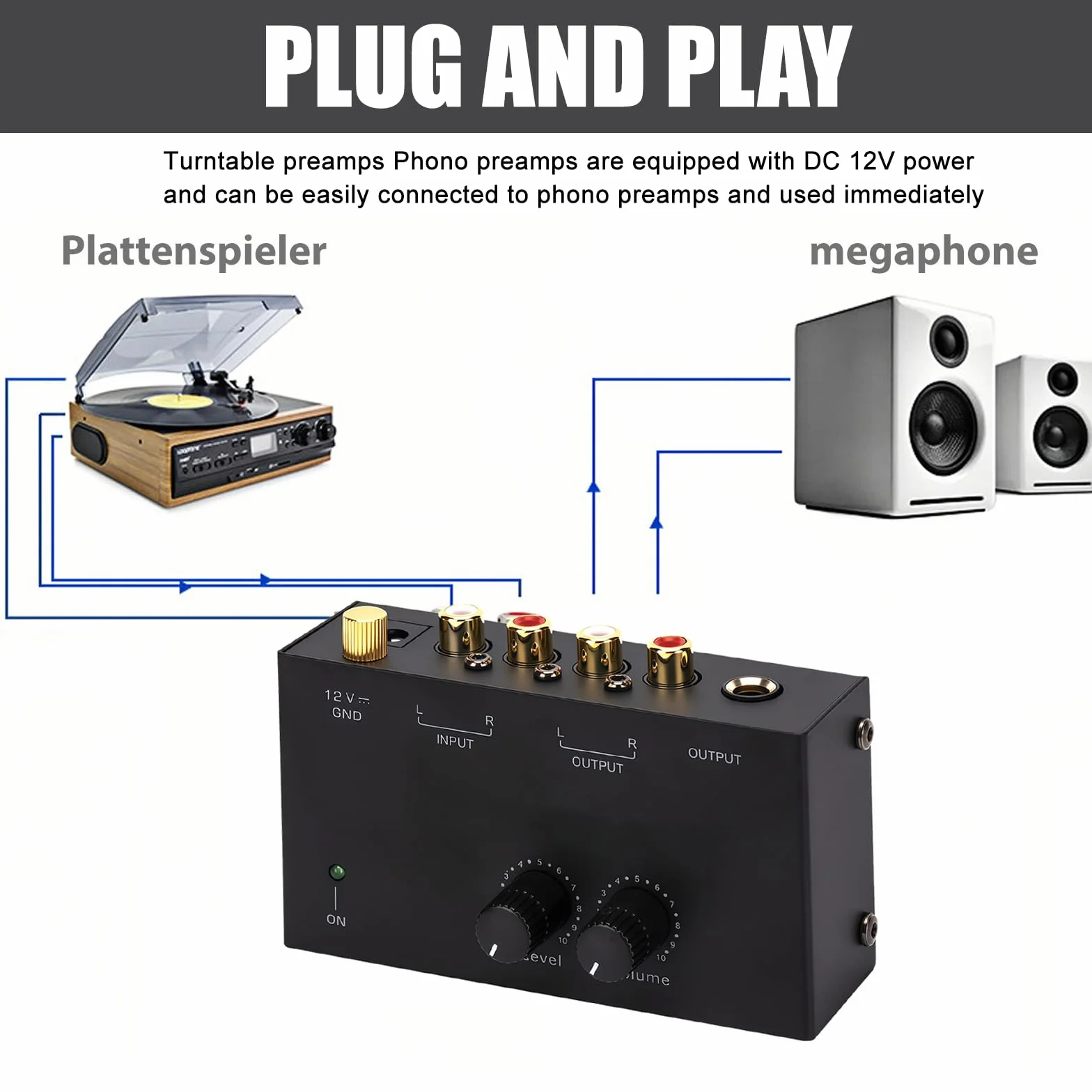 Phono preamplificatore giradischi MM con ingressi e uscite RCA, amplificatore stereo DC 12V