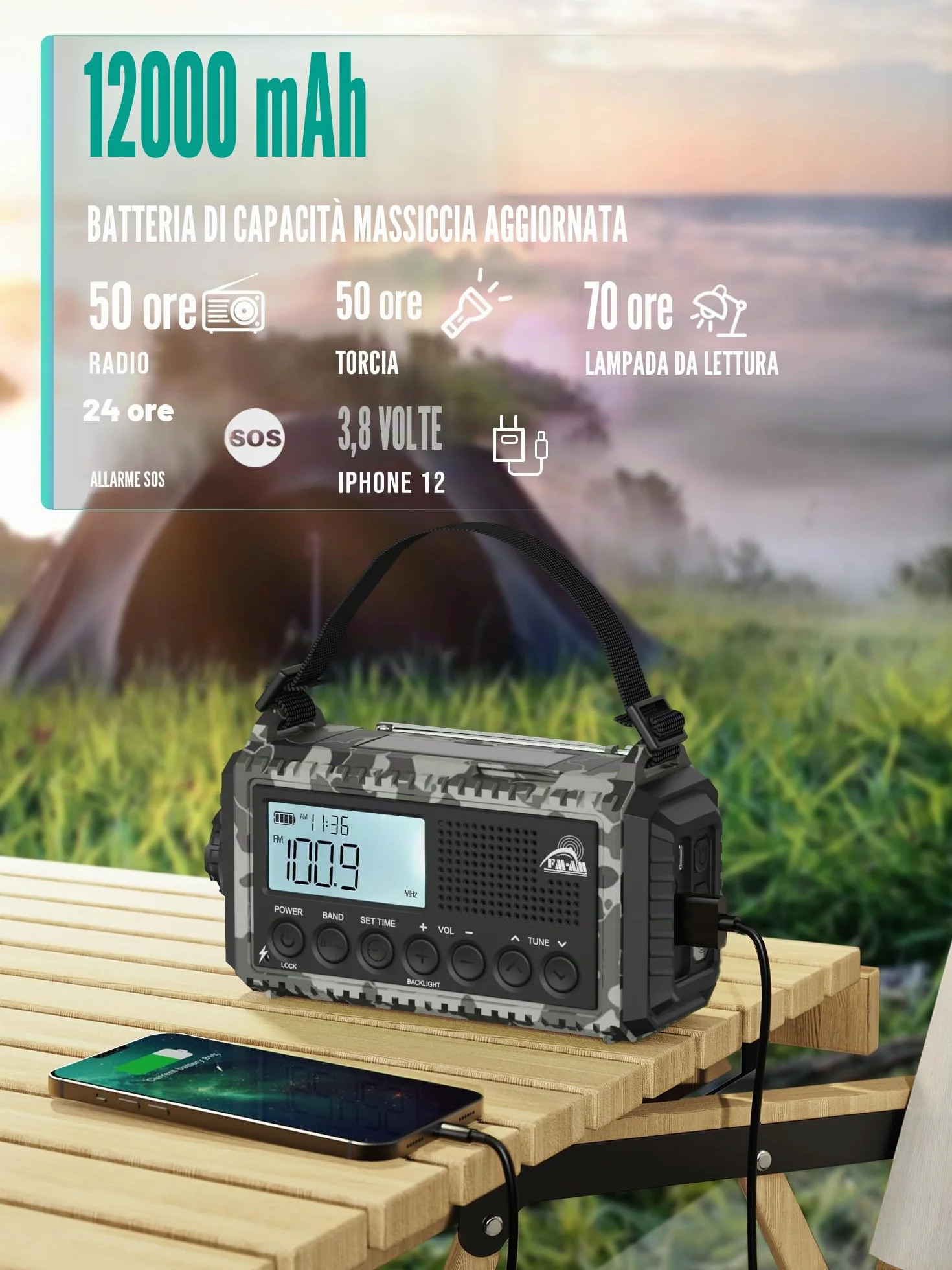 Radio Portatile di Emergenza 12000 mAh AM/FM/SW Ricaricabile Impermeabile