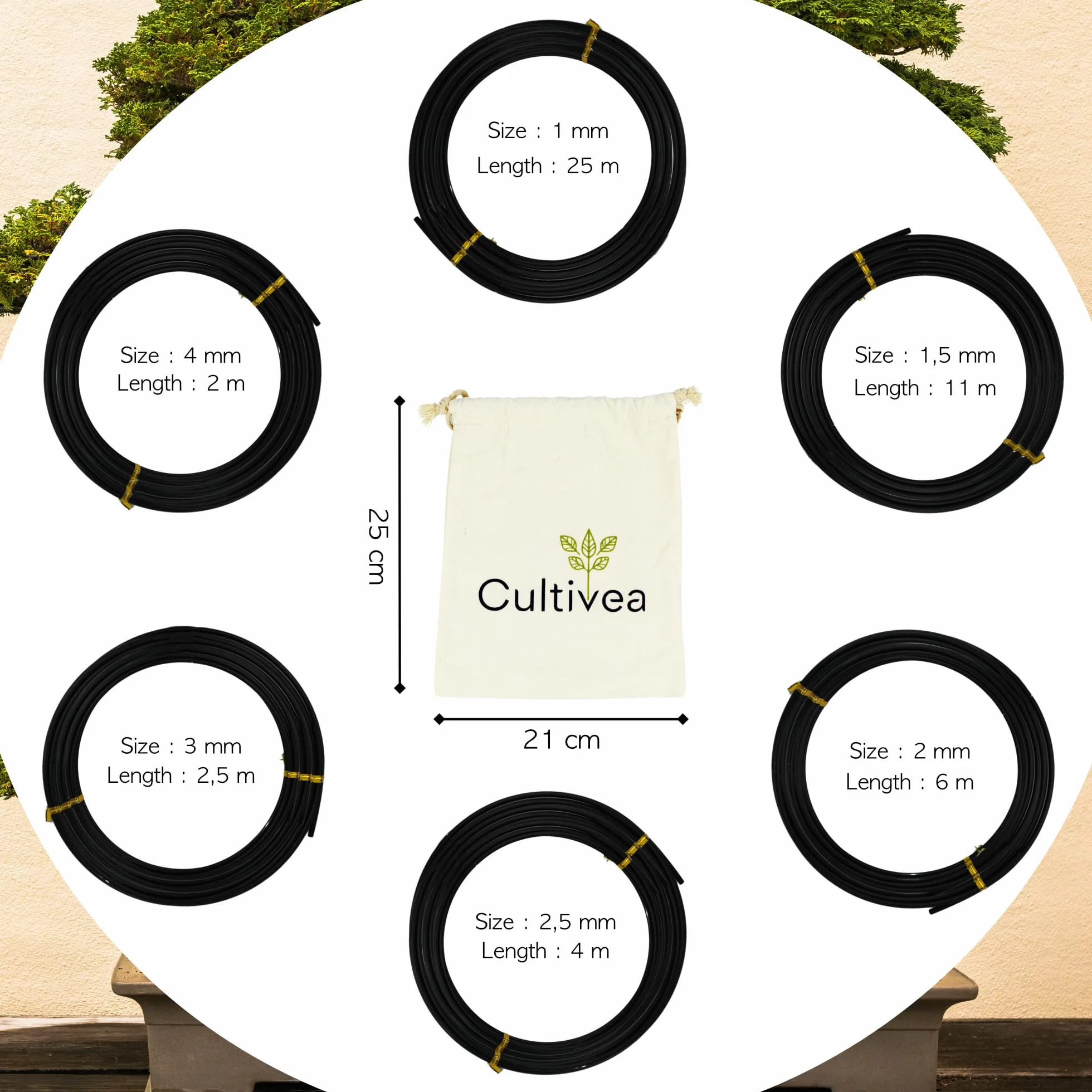 CULTIVEA® Filo per bonsai, set di 6 rotoli di filo di alluminio - 1,0mm/1,5mm/2,0mm/2,5mm/3,0mm/4,0mm - Legatura anticorrosione per bonsai, attrezzi per giardinaggio indoor - bonsai, piante, alberi