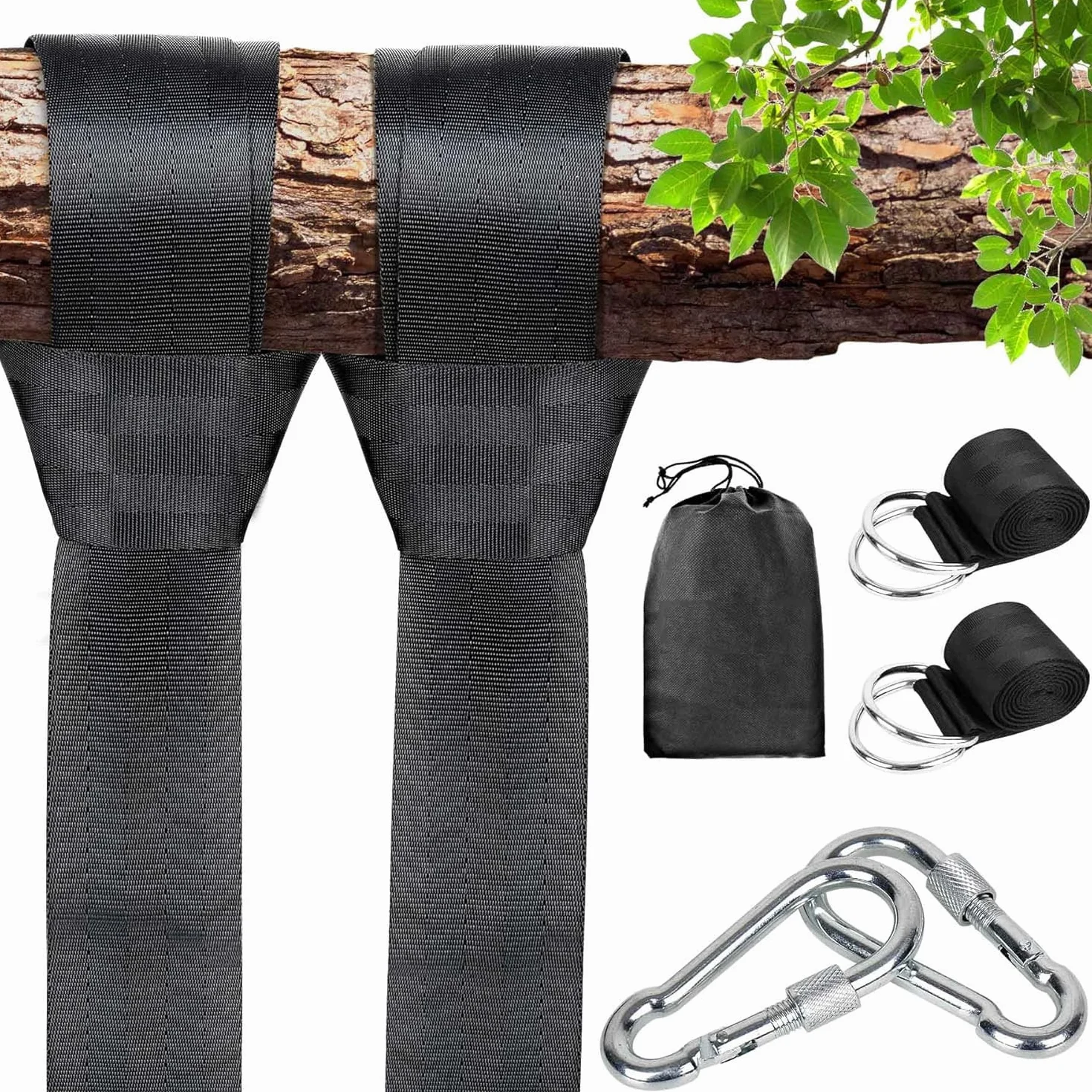 Cinghie per Amaca 150cm × 5cm Cinghie per Altalena Contiene Fino a 800kg Fissaggio per Amaca Altalena Esterno con 2 Moschettoni e 1 Borsa per Amache da Giardino e Altalene da Campeggio