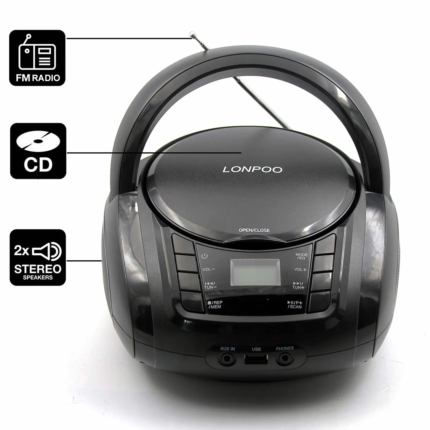 Lettore CD Portatile LONPOO Boombox Stereo Bluetooth con Altoparlanti Integrati, Ingresso USB, AUX, Uscita Cuffie (Black)