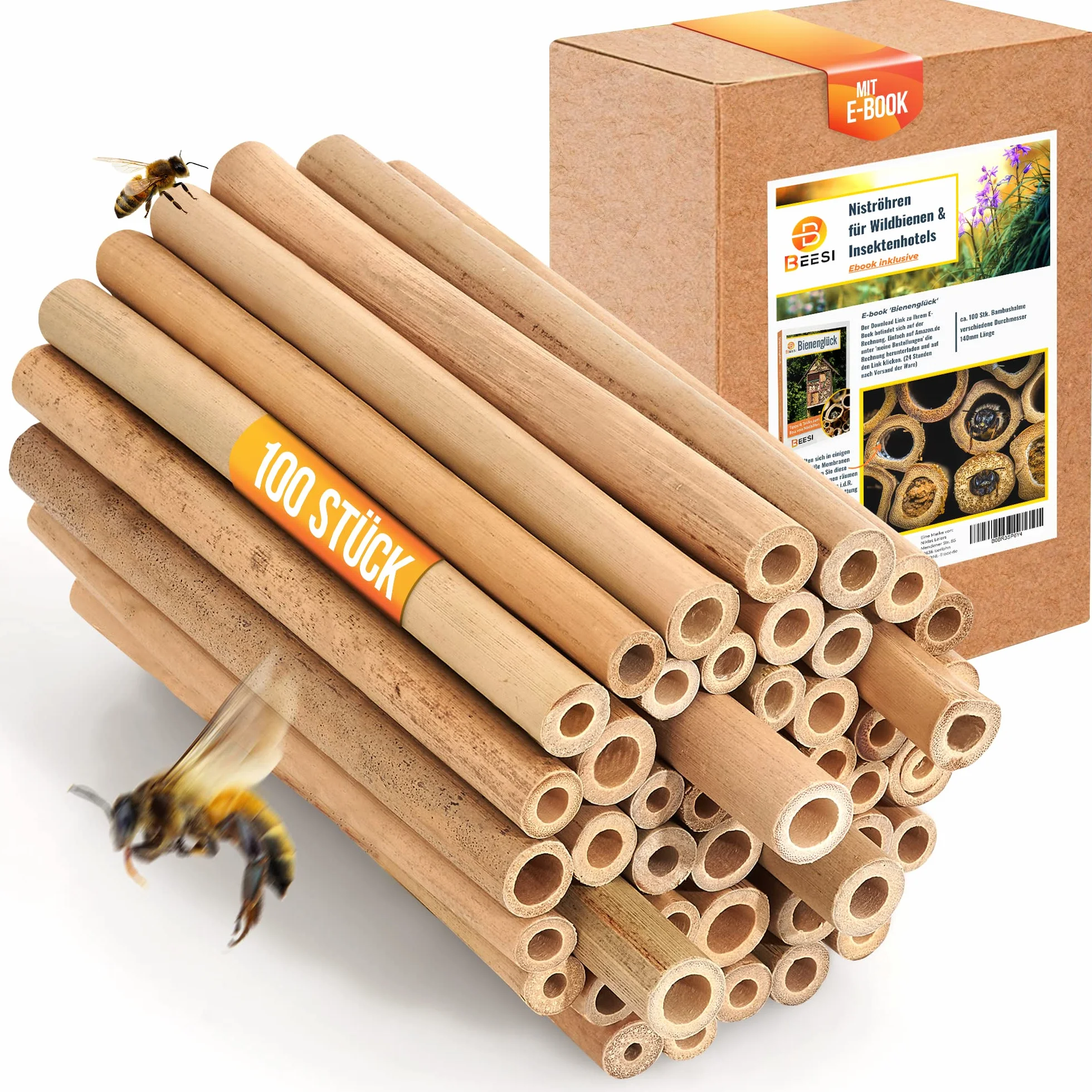 BEESI 100 tubi di bambù per hotel degli insetti, lunghezza 14 cm, in bambù per api, materiale di riempimento per api selvatiche, accessori