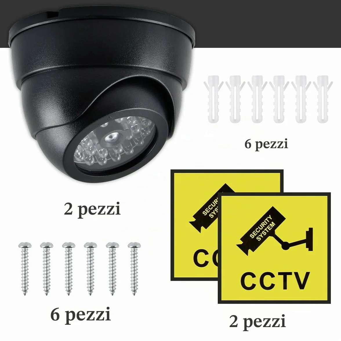 Telecamera Finta Esterno con Led 2PZ CCTV Fittizia Nero a Batteria