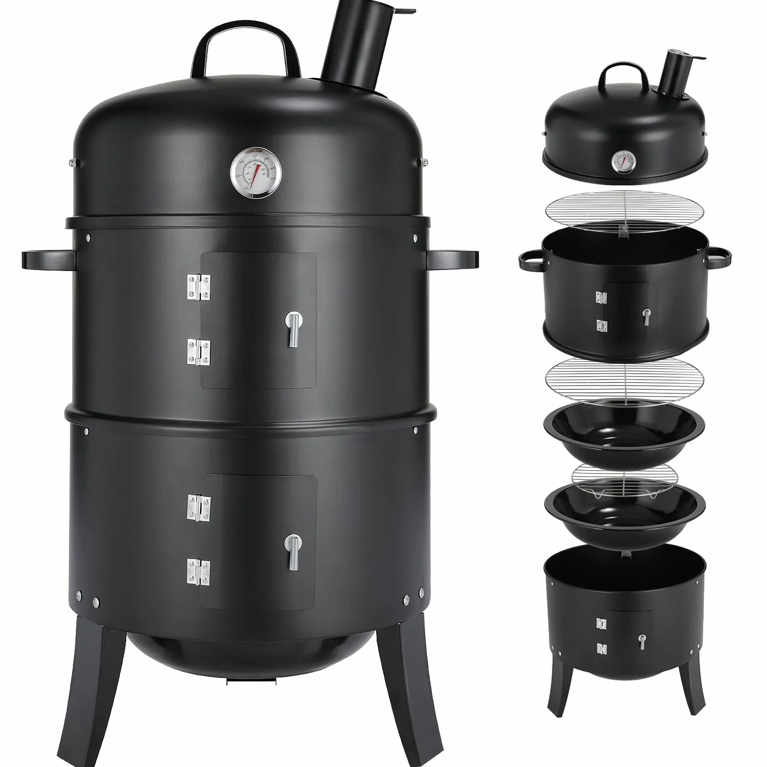 TLGREEN Affumicatore 3 in 1, Affumicatore con Camino, Barbecue a Carbone, Barbecue Smoker con Termometro, 2 Griglie in Acciaio Inox (φ 37,5 cm), BBQ Smoker, per Affumicare, Grigliare e Cucinare