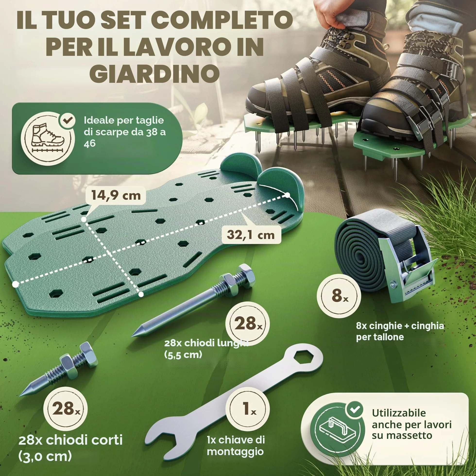 LAINFELD Aeratore per prato | Scarpe per unghie con chiodi corti e lunghi | Aeratore per prato con 4 cinghie | scarificatore per prati | Aerifizzatori scarpe da giardino
