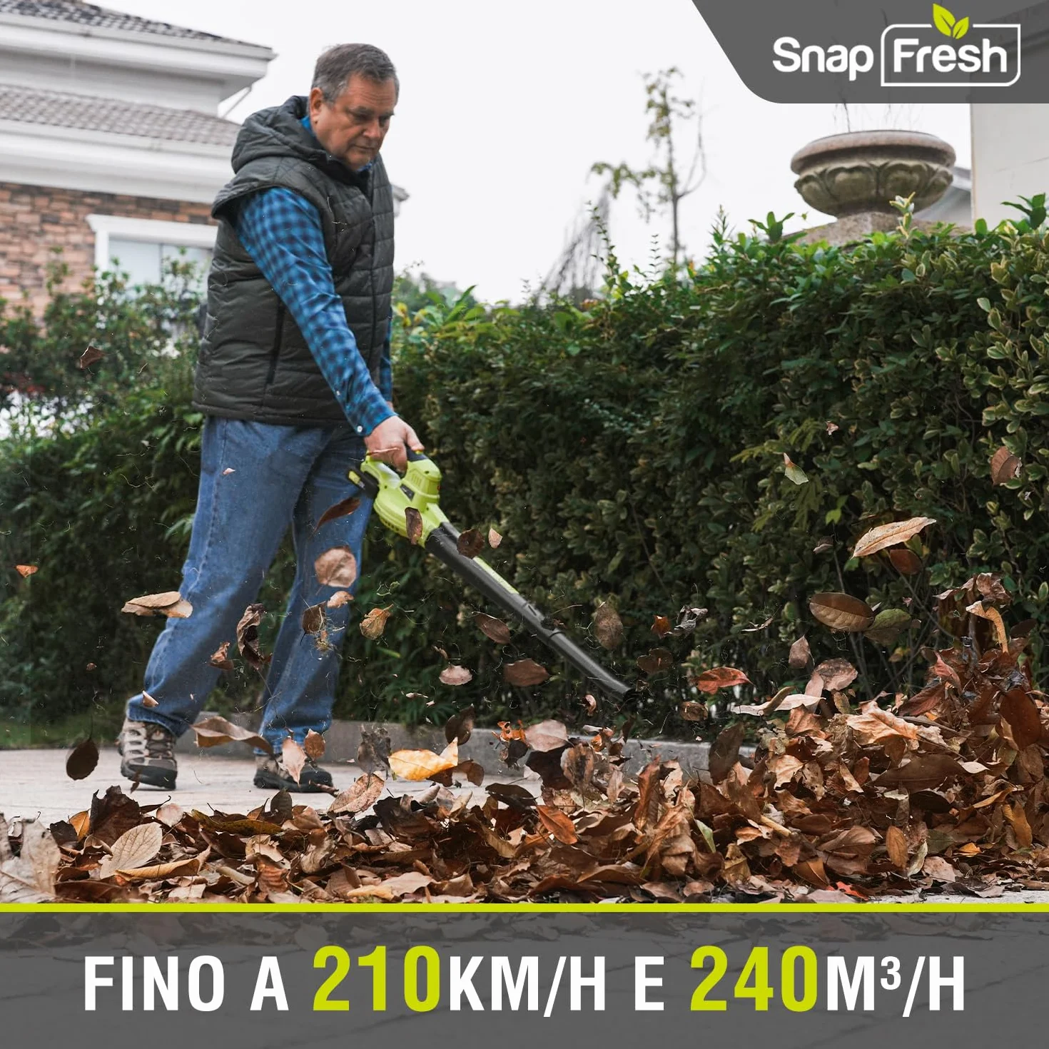 SnapFresh Soffiatore a Batteria 20V Soffiatore Elettrico per Foglie Leggero 1,2 kg, 210 km/h 240 m³/h, 2 Velocità Regolabili, con Batteria e Caricabatterie, per Giardino/Prato/Auto/Polvere (Verde)