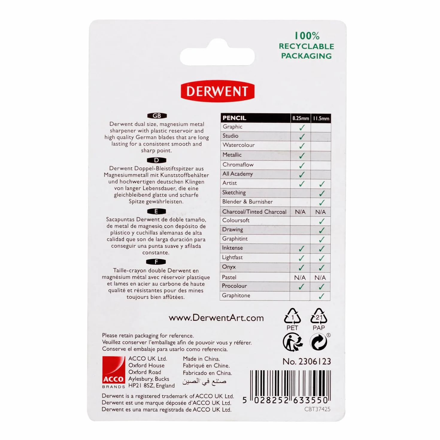 Derwent Temperamatite a Doppio Foro in Metallo Resistente, Fori 11,5 mm e 8,25 mm, Nero