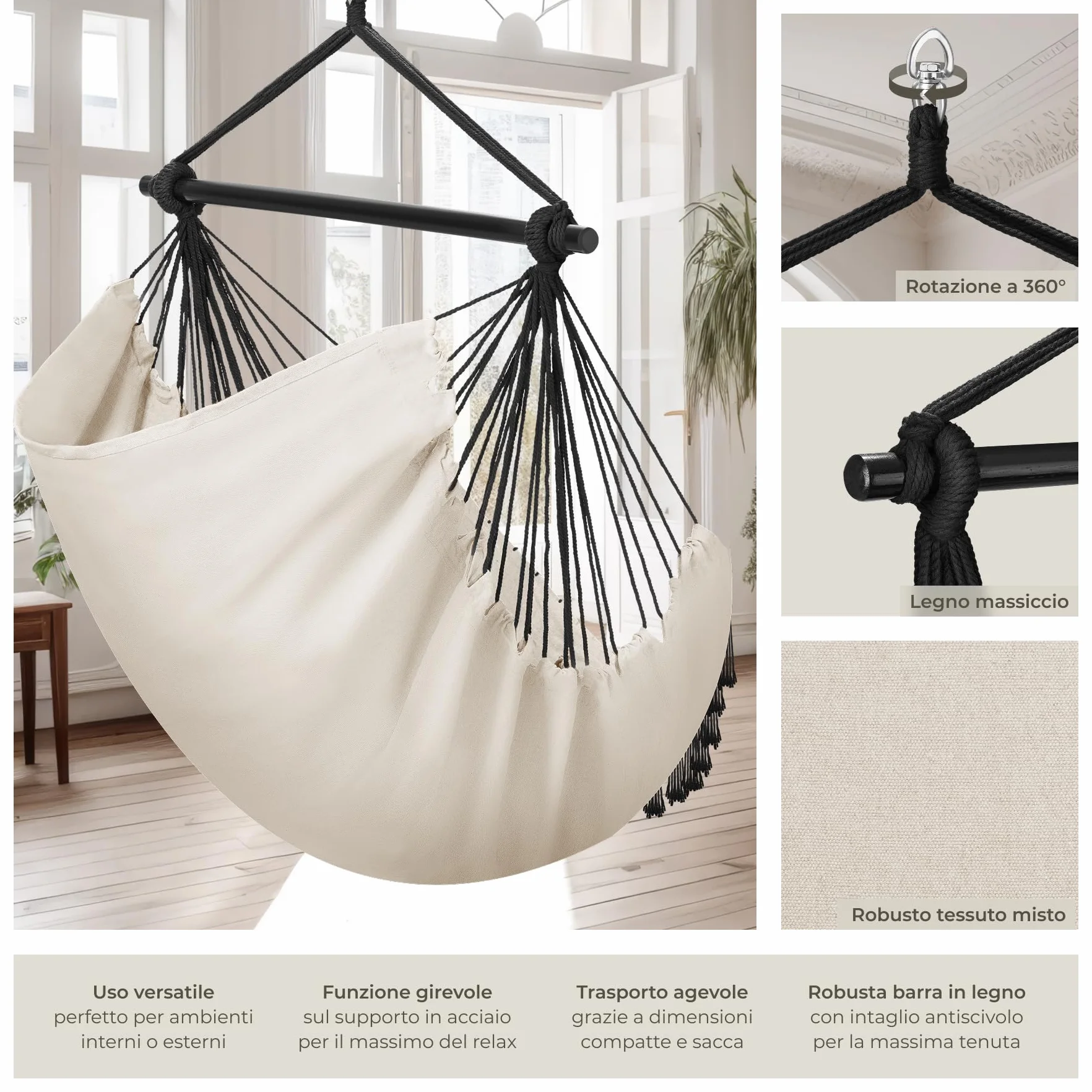 tectake® Poltrona Sospesa Malika, Stile Bohemien, Tessuto Misto Cotone-Poliestere Traspirante, Cuscini Extra Spessi, Scomparto per Libri, Appoggio per Bibite Regolabile, Carico Massimo 150kg - Beige