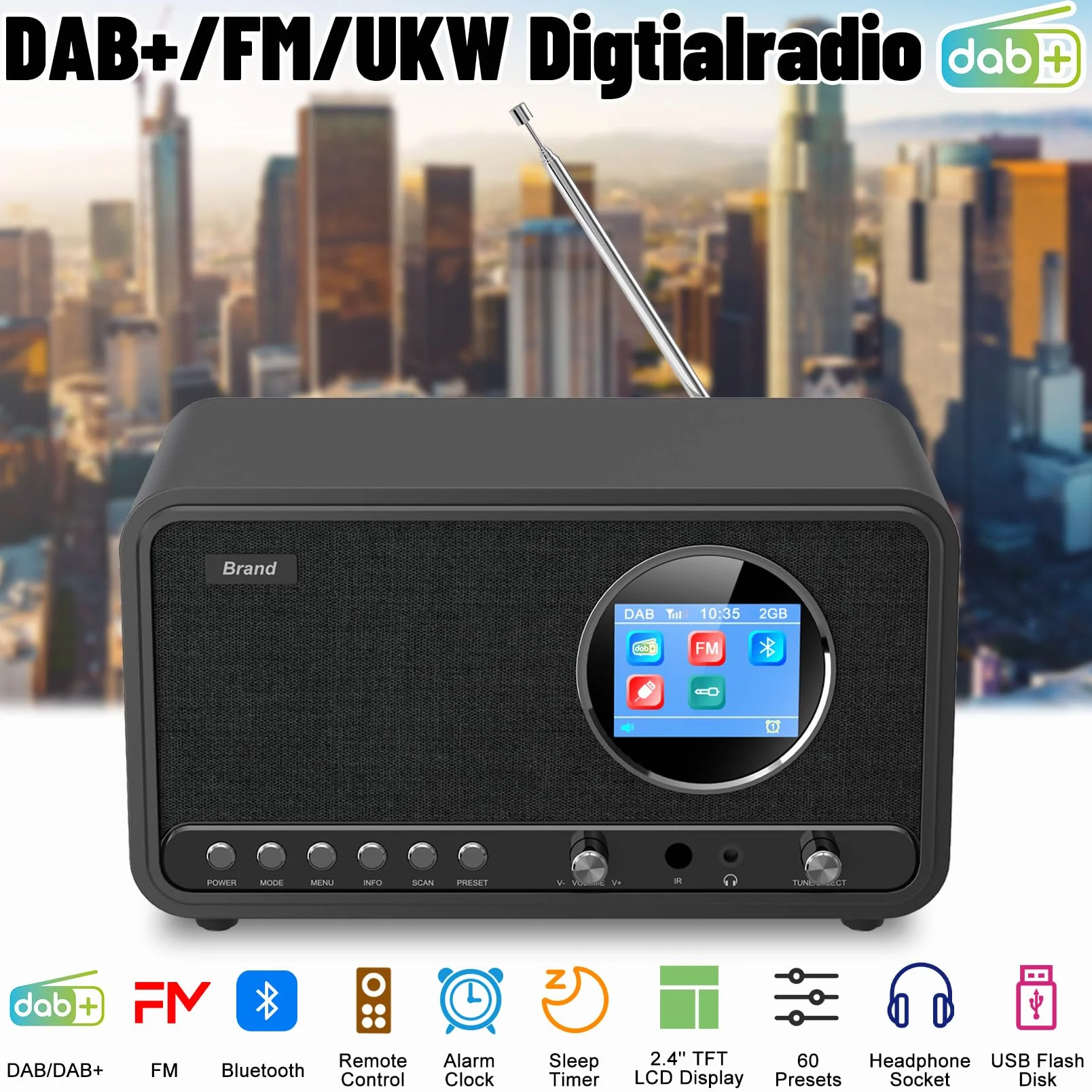 Radio DAB Plus FM Bluetooth Digitale da Cucina con Telecomando e Sveglia Snooze USB Aux Nero