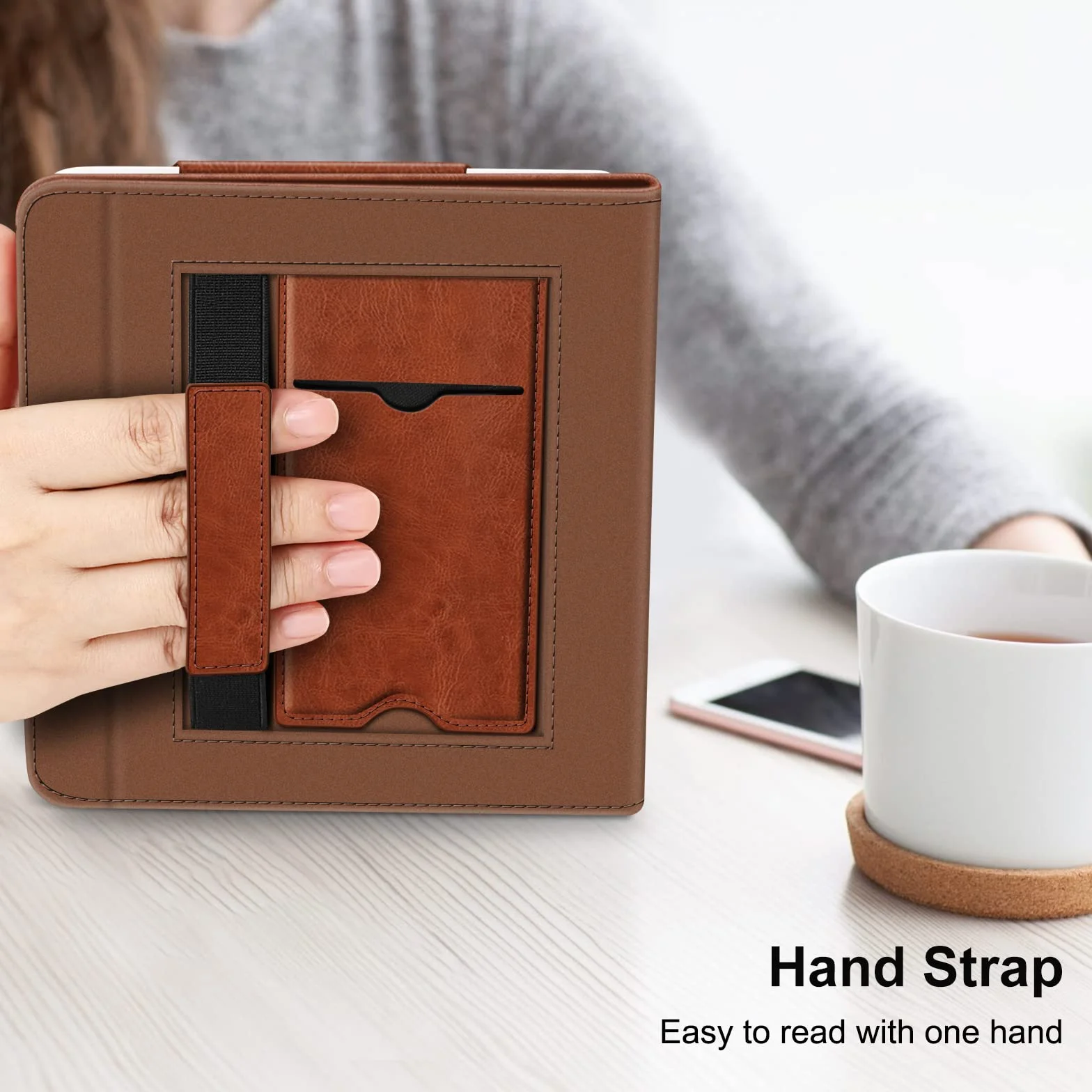 FINTIE Stand Cover per Kobo Libra Colour 2024, Kobo Libra 2 2021 eReader, Custodia Protettiva con Card Slot e Hand Strap, Marrone
