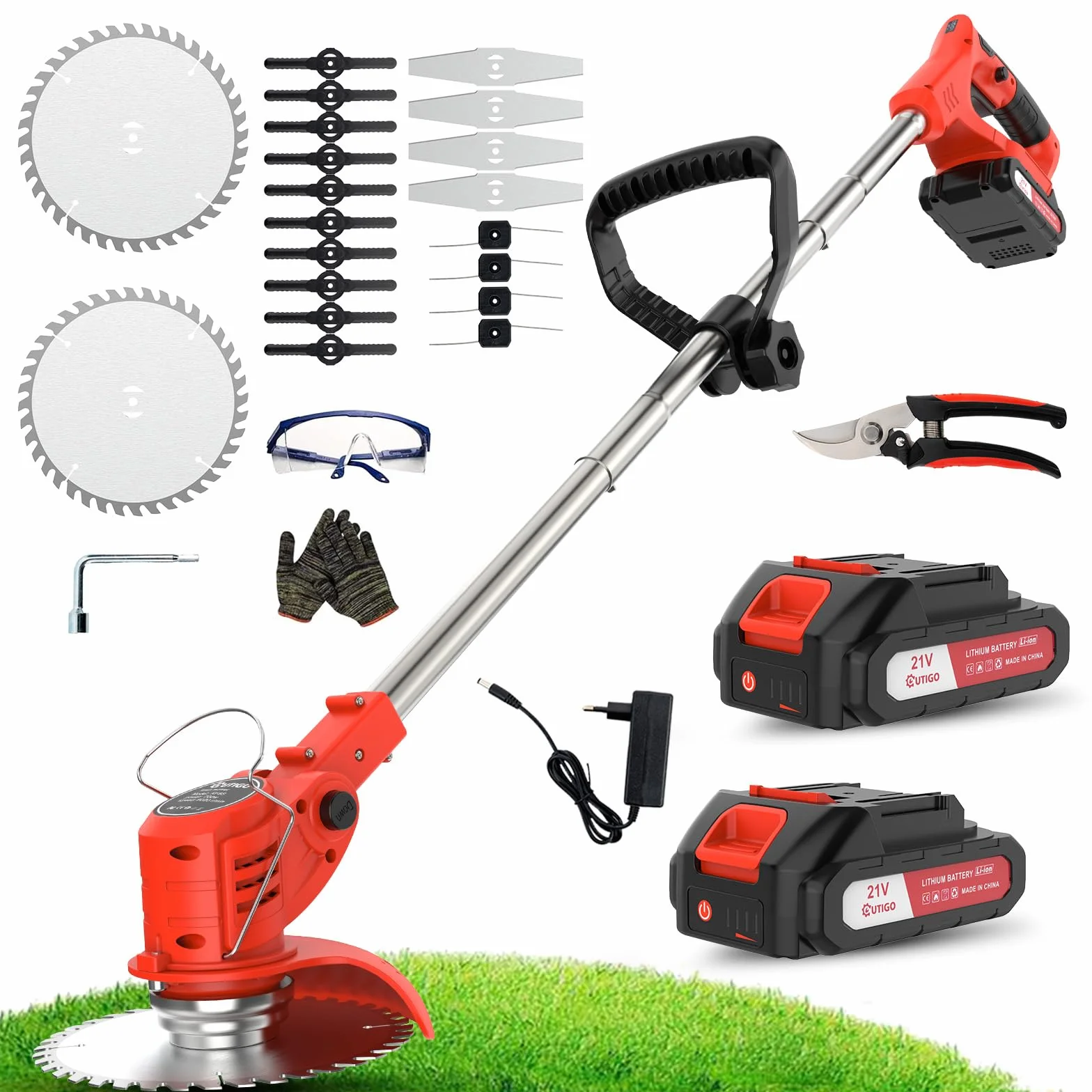 OUTIGO Decespugliatore a Batteria, Tagliaerba Elettrico a Batteria da 800 W, Taglia Erba da Giardino Elettrico con 4 Tipi di Lame,tosaerba telescopico, manico regolabile da 71 a 106 cm