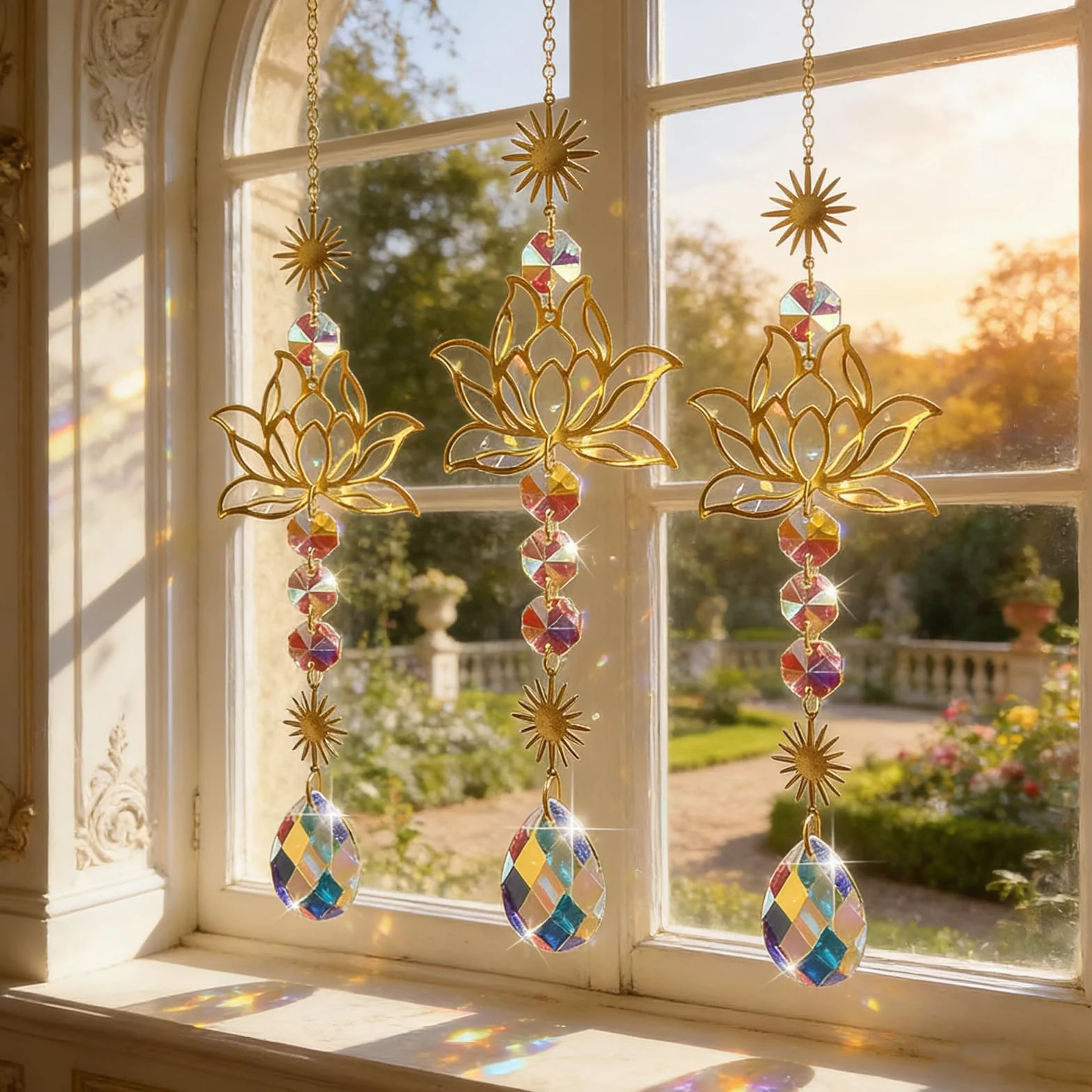 Acchiappasole in Cristallo,3 Pezzi Crystal Suncatcher,Appendere Vetro Acchiappa Sole,Fiore di Loto,Pendenti Prismi Cristallo,Pendenti Suncatcher Decorazione,per Giardino,Casa,Interno ed Esterno