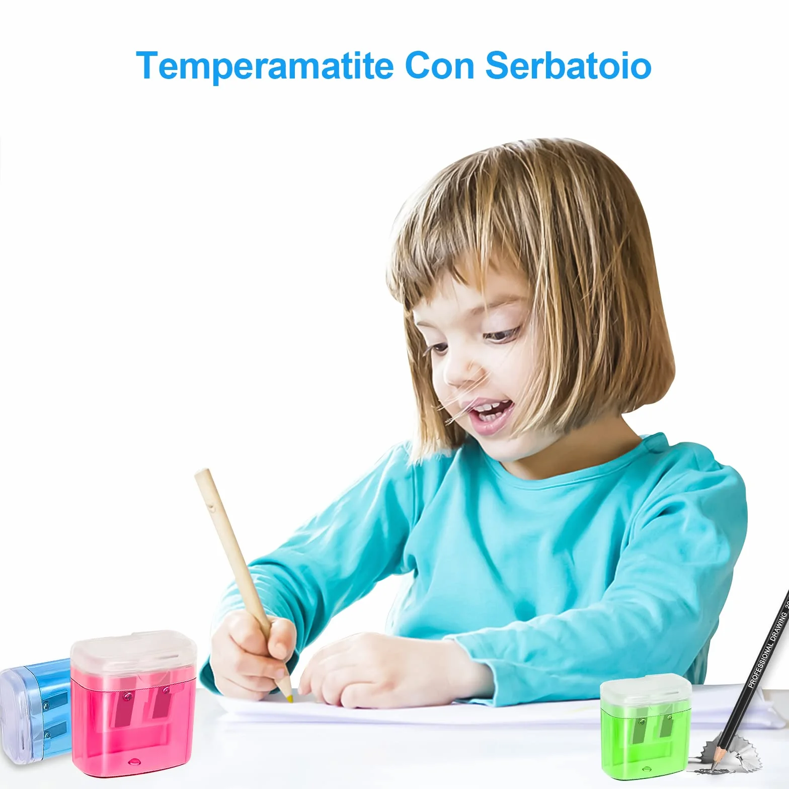 Temperino con Serbatoio Doppi Fori 4pcs per Matite Bambini Scuola Ufficio