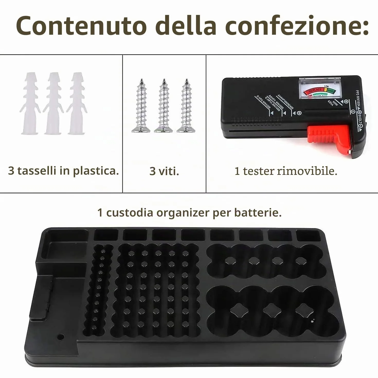 Organizzatore di Batteria 110 Slot per AAA AA 9V C D con Tester Rimovibile