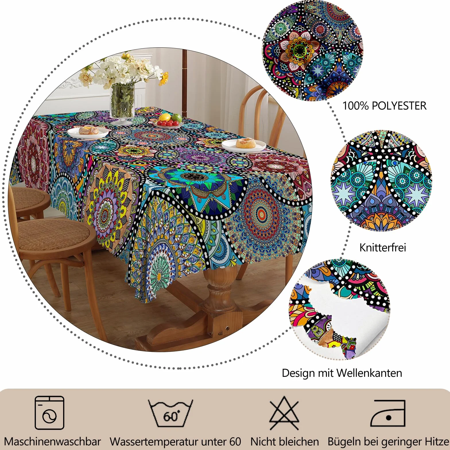 Tovaglia rettangolare antimacchia resistente alle intemperie 110 x 140 cm stile boho