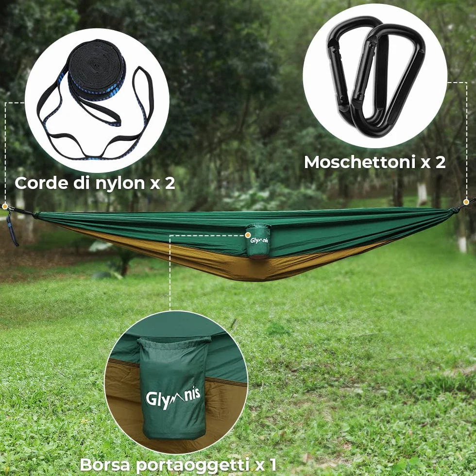 Amaca ultraleggera da viaggio per esterni con corde di sospensione e moschettoni in acciaio, capacità carico 300 kg per campeggio giardino
