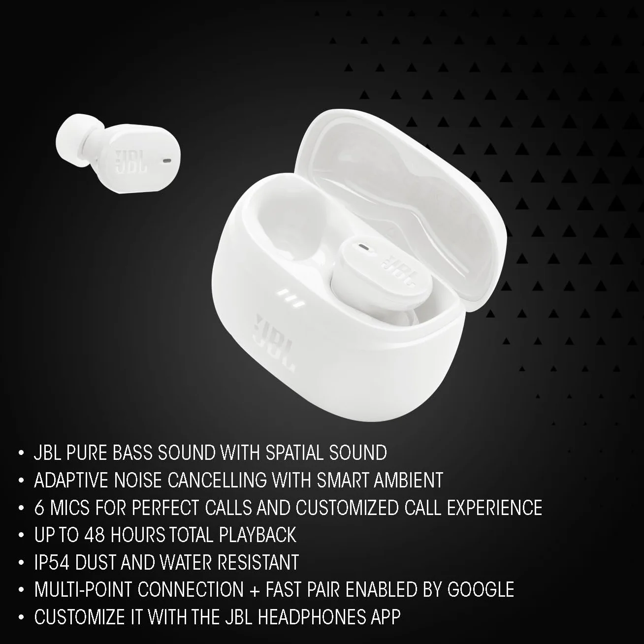 JBL Tune Buds 2 Auricolari True Wireless Bluetooth Cancellazione Rumore 48 Ore Autonomia IP54 Nero