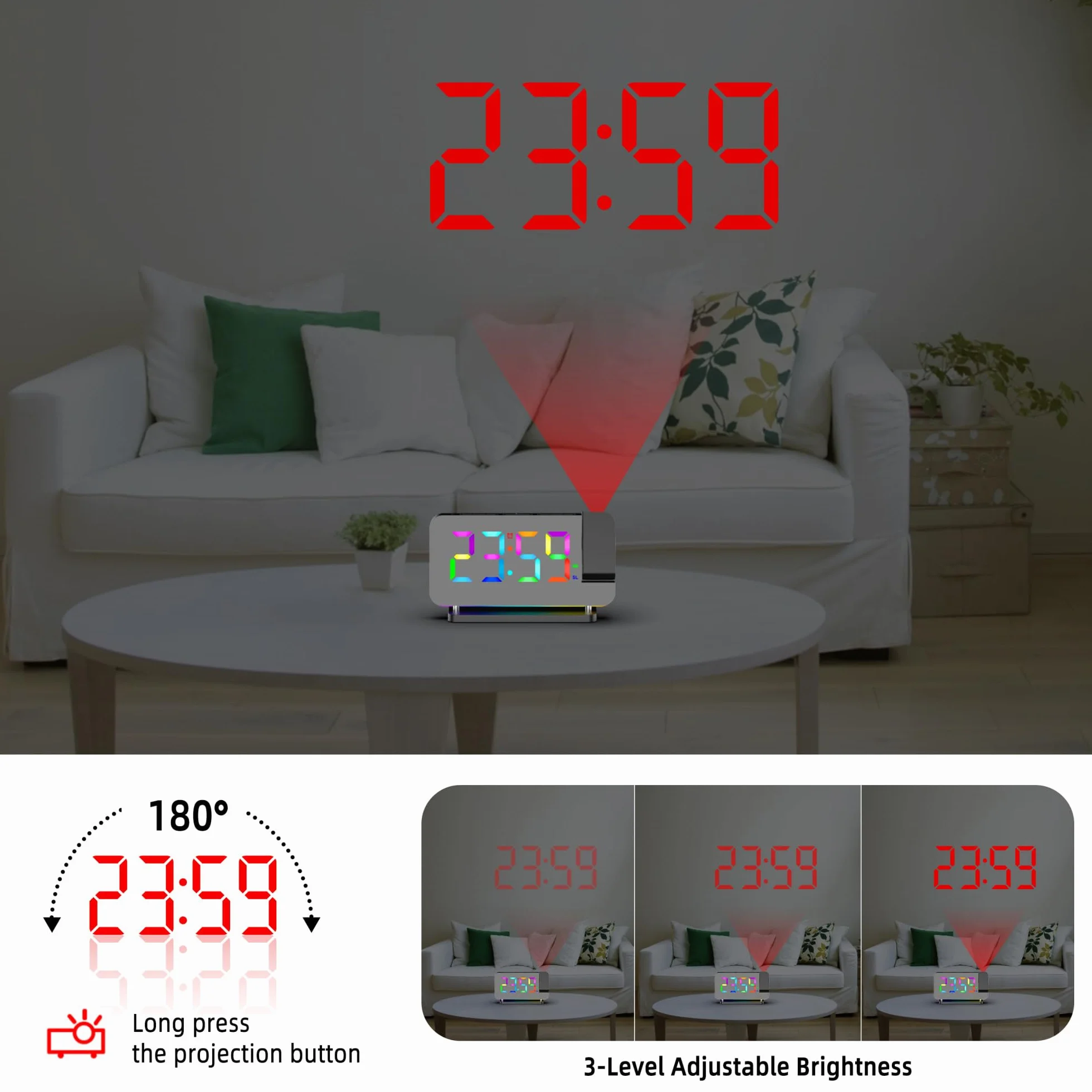 Sveglia Proiezione Specchio 11 RGB 10 Colori Luce Notturna LED Orologio da Scrivania