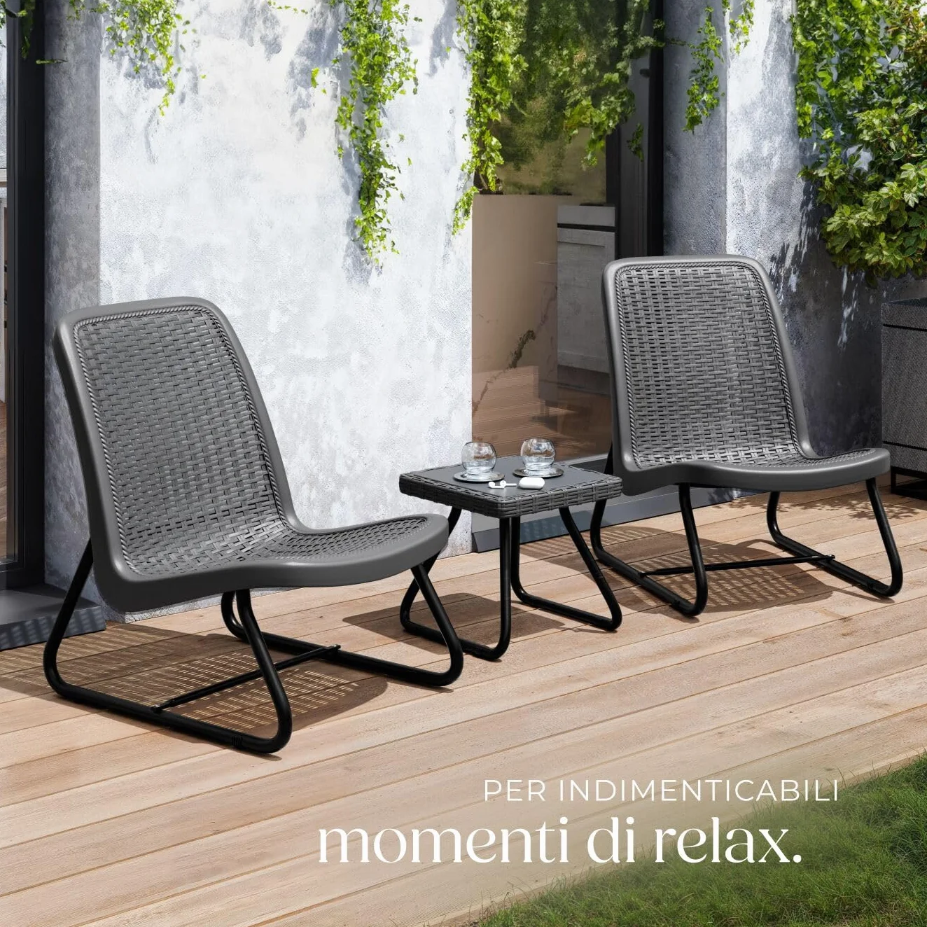 tectake® Salotto da Giardino in Rattan, Salotto da Giardino Esterno con Telaio in Acciaio, 1 Tavolino Salotto, 2 Sedie da Giardino con Schienali Ergonomici e Regolabili in Altezza - Grigio