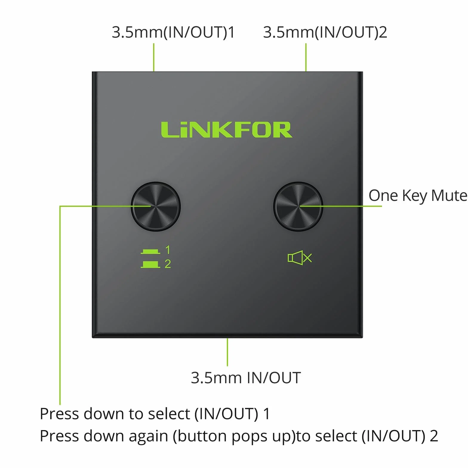 LiNKFOR 3.5mm Audio Switch Switcher con Pulsante Mute Commutatore Audio Bidirezionale Stereo 2-in-1 Out per Computer