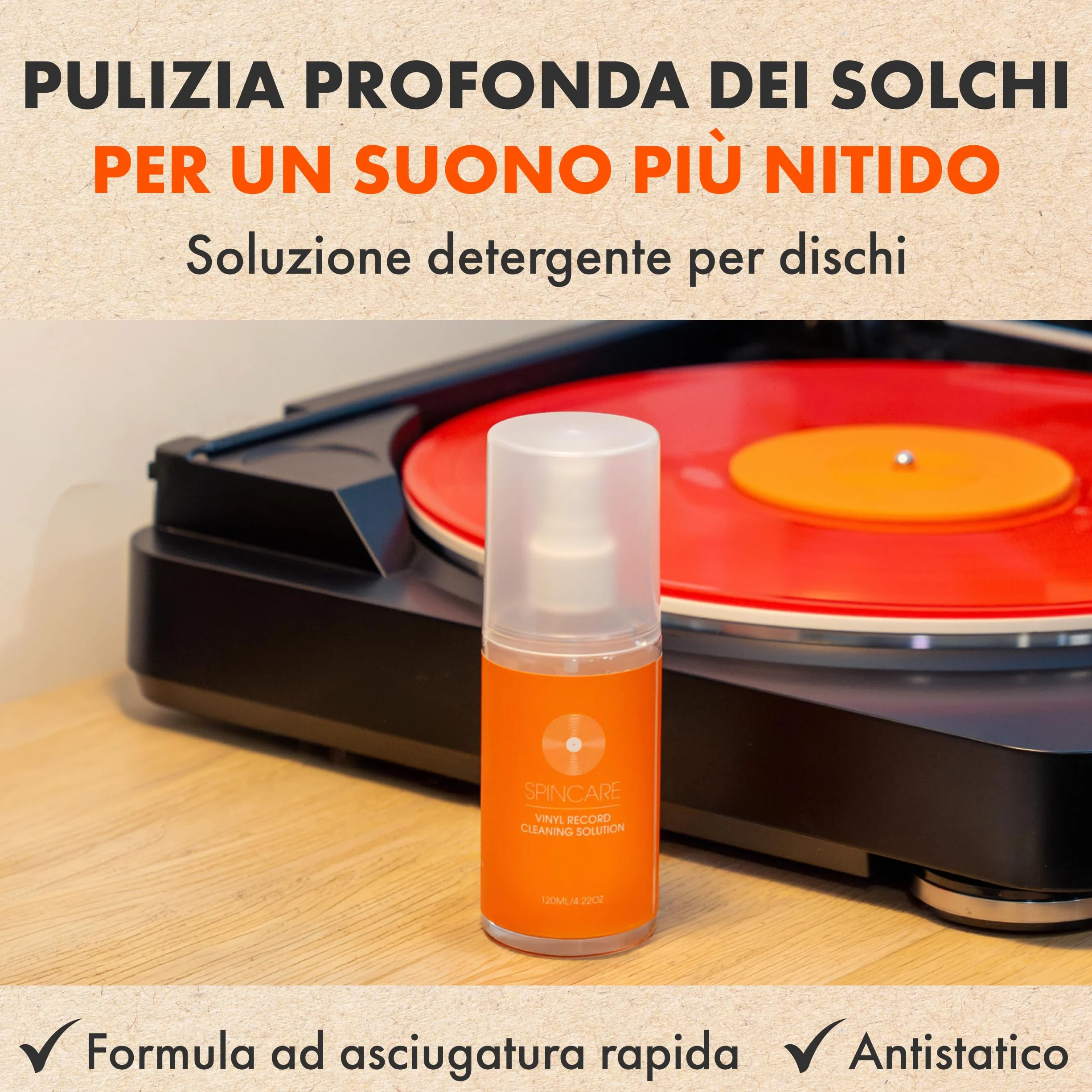 SPINCARE Kit Pulizia Vinili 5 in 1 con Spazzola in Velluto, Spray Antistatico 120 ml e Panno in Microfibra