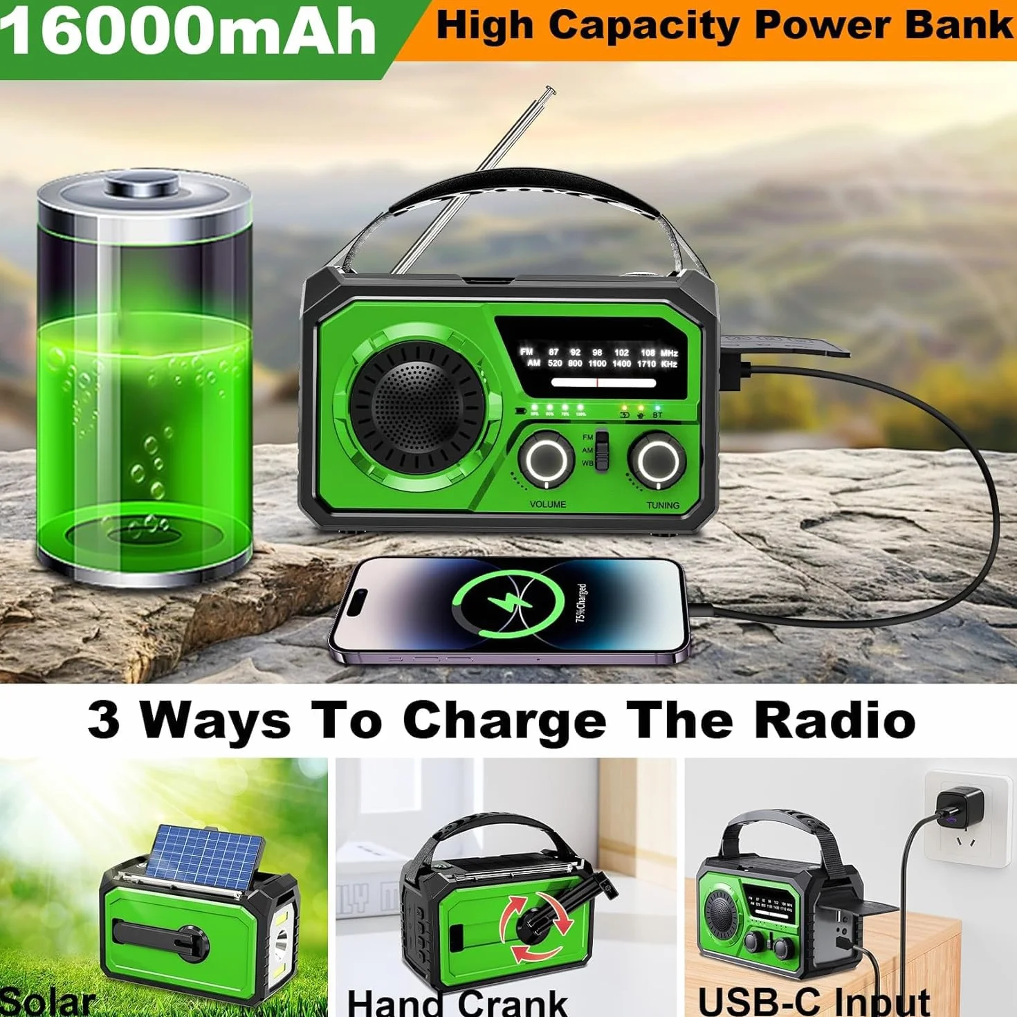 Radio Solare 16000 mAh AM/FM Portatile Emergenza con Batteria 59200 mWh, Torcia LED, Allarme SOS, Manovella Dynamo, Campeggio