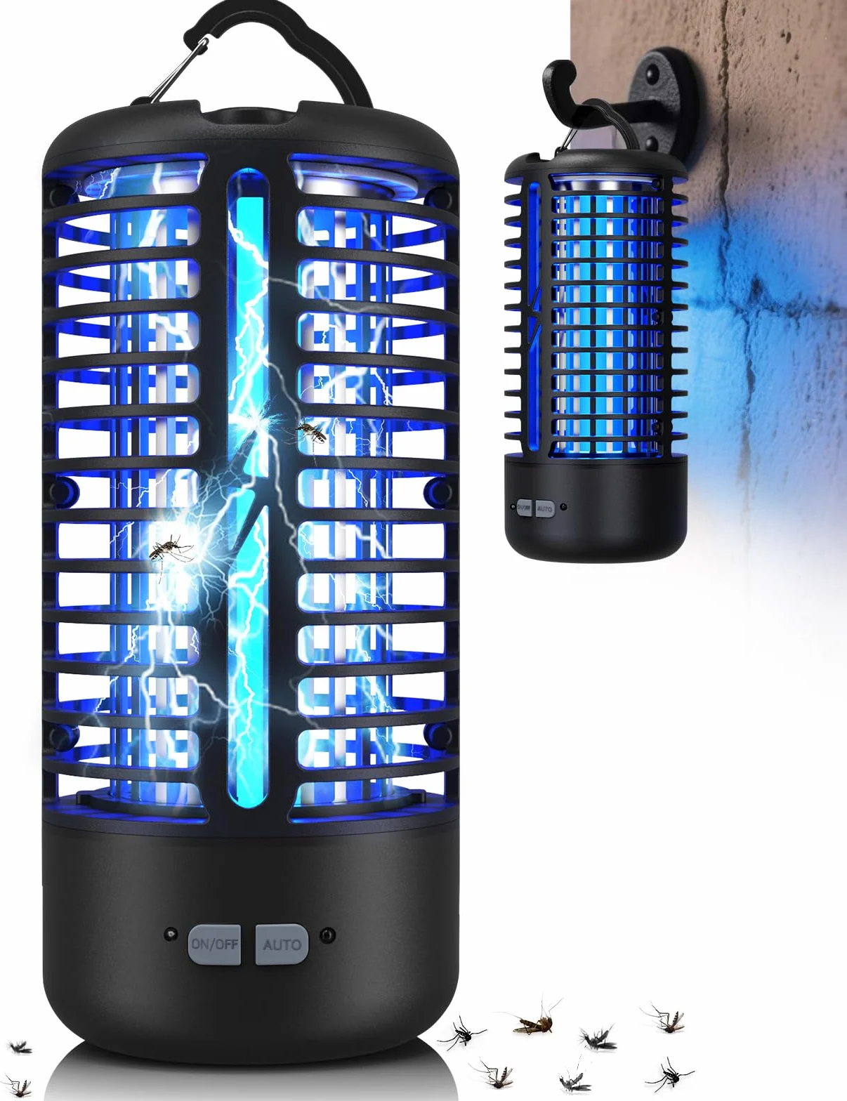 Lampada Antizanzare Elettrica, Anti Zanzare 3000V UV, Anti Mosche LED Sospendibile, IPX4 Impermeabile Insektenvernichter da Interno ed Esterno, Lampada Zanzare con Gancio (Nero)
