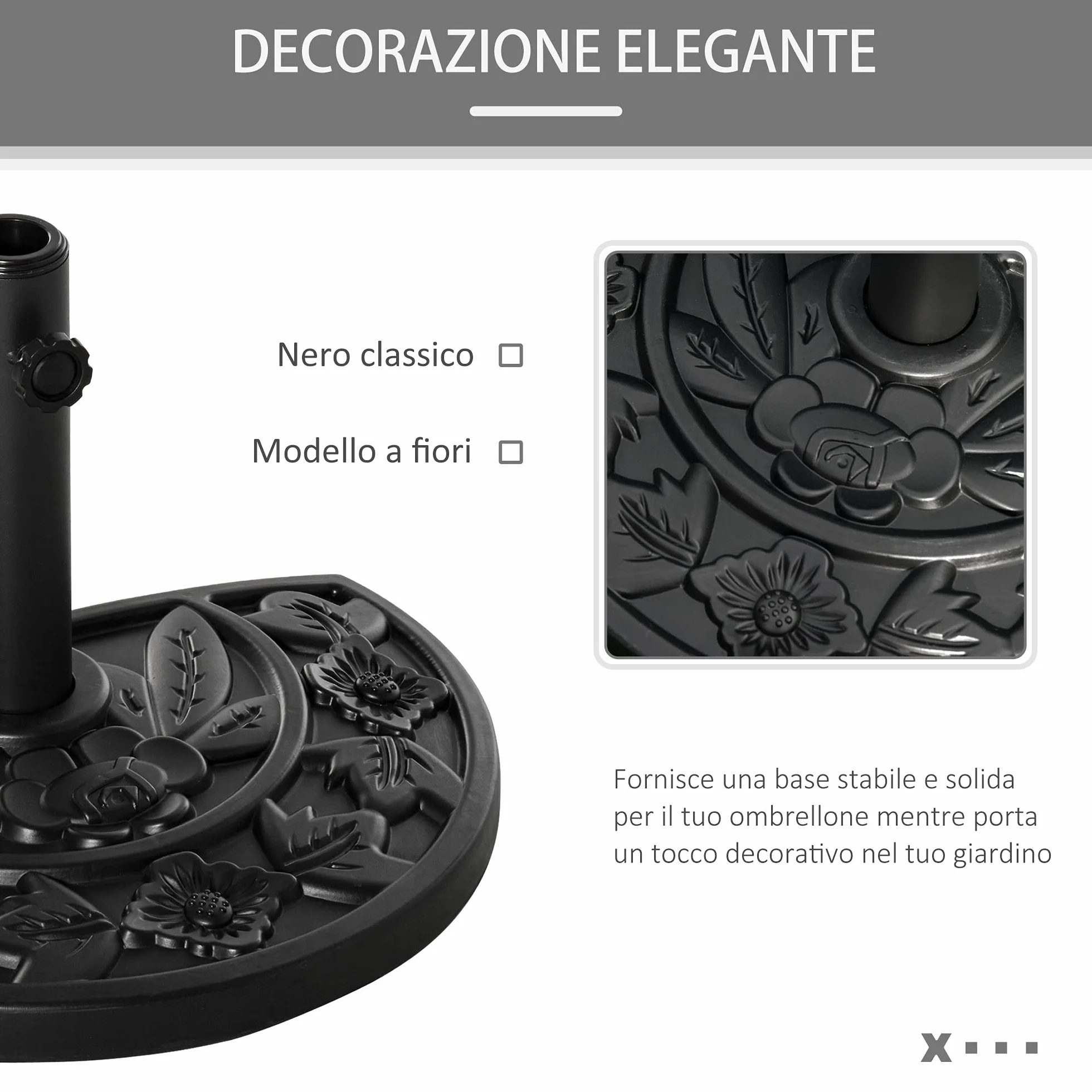 Outsunny Base per Ombrellone Semicircolare con Palo da 35/38/48 mm e Motivi Floreali, Basamento per Ombrellone in Cemento, HDPE e Metallo, Ø50x32x32 cm, Nero