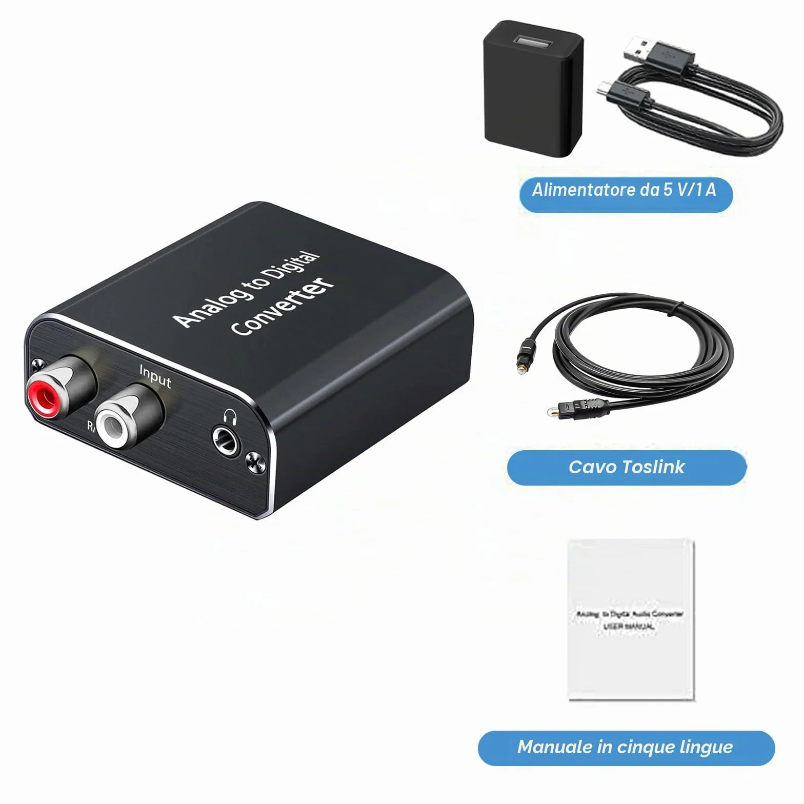 AMANKA Analogico ad Digitale Audio Convertitore Adattatore, ADC da RCA 3,5 mm a Coaxial Toslink con Cavo e Power Adapter per TV DVD Blu-Ray PS3 PS4 Xbox, Alluminio