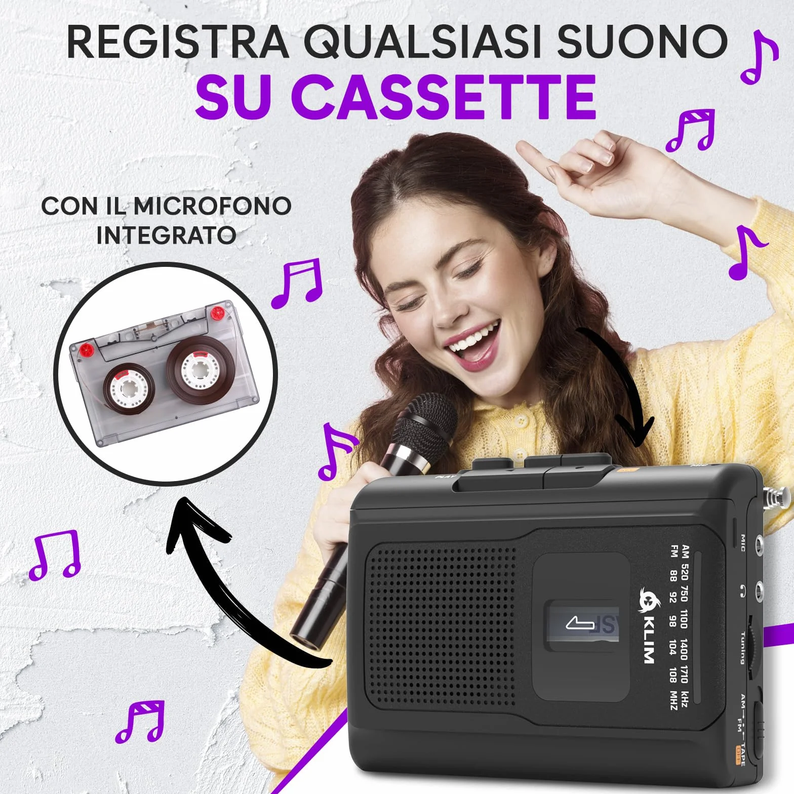 KLIM K8 Lettore Cassette Audio Registratore Cassette Radio AM/FM Microfono Altoparlante Integrato Nero