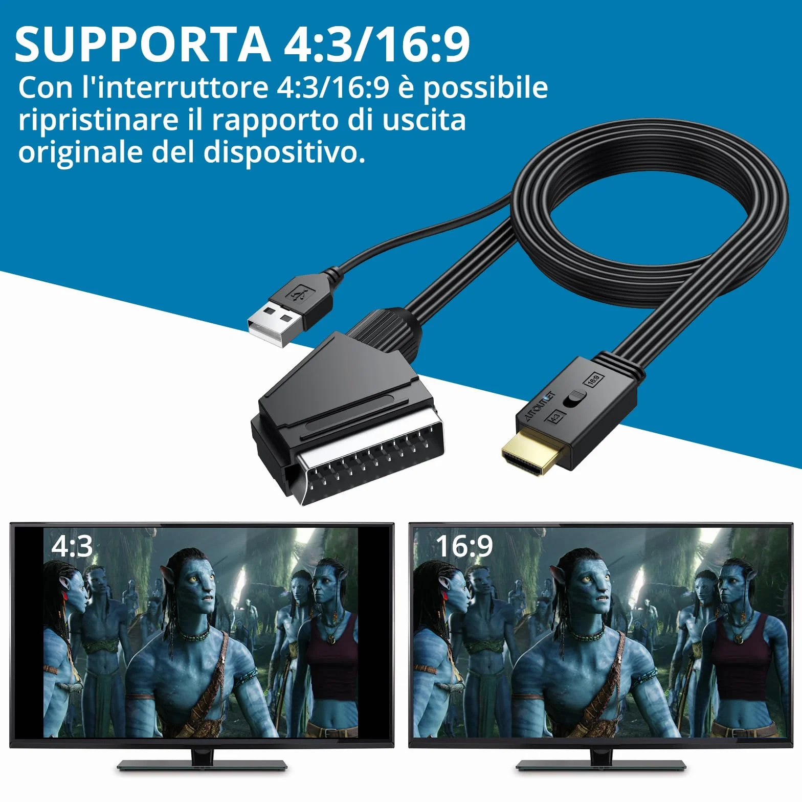 AUTOUTLET Convertitore Scart a HDMI 1080P Supporto Conversione 16:9 4:3 PAL NTSC Adattatore con Cavo 150 cm