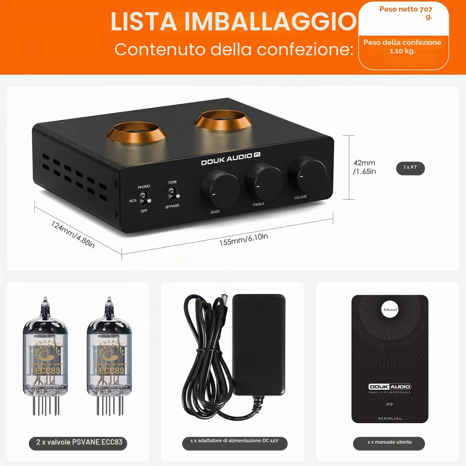Douk Audio P7 ECC83 Tube Phono Preamplifier XLR Balanced Output High Pass Filter Bass Treble Control MM Turntable