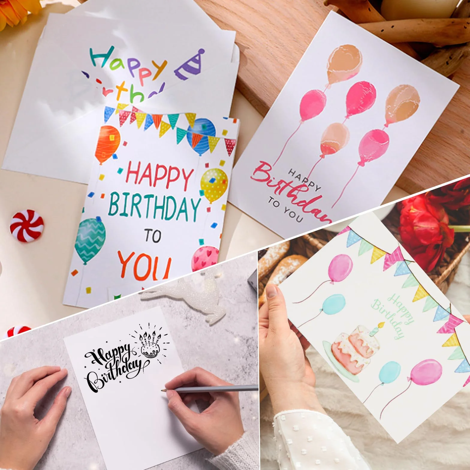 Set di 10 Biglietti di Auguri Compleanno Bianco con Buste, Carte Fiorite per Donna Uomo, Anniversario, Laurea