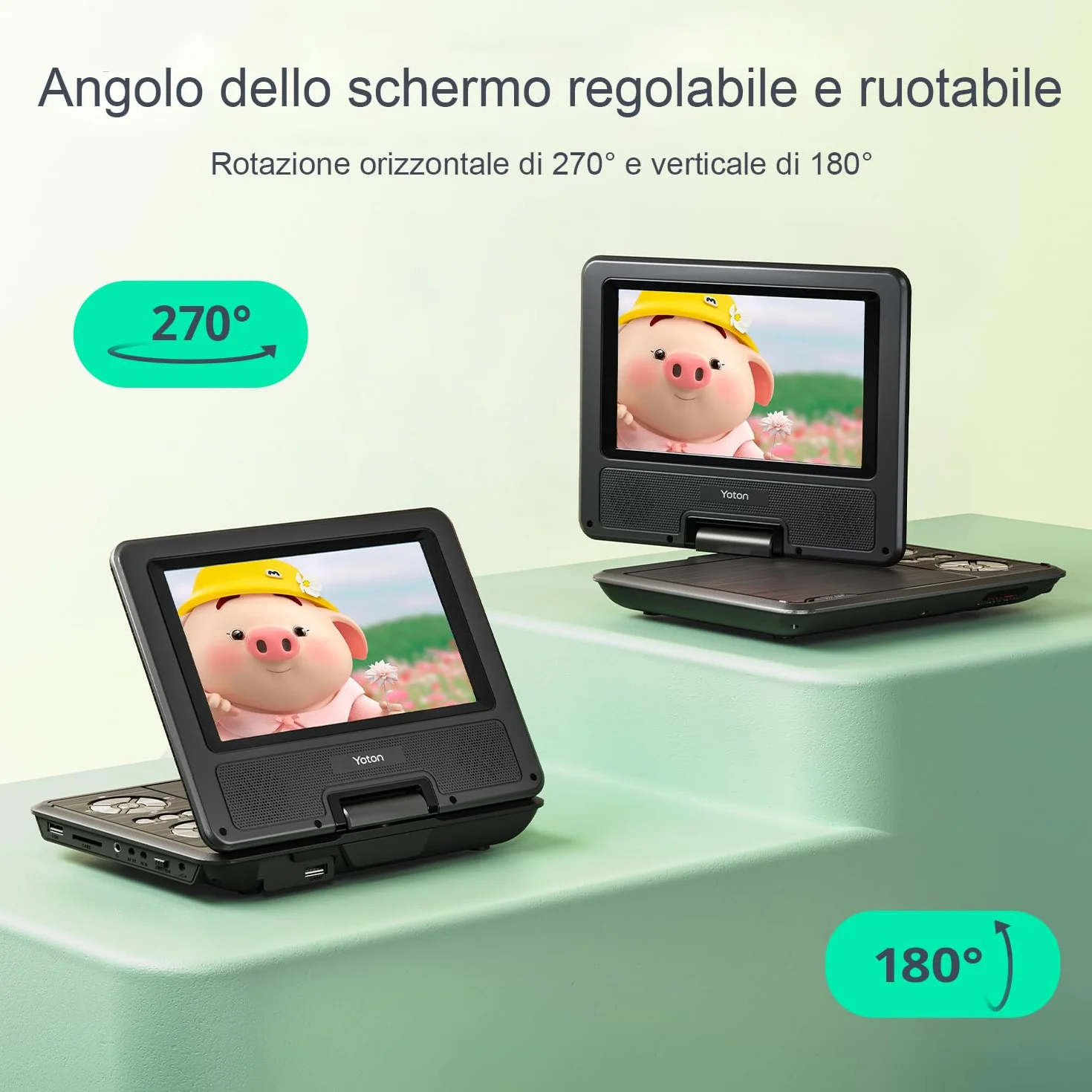 Yoton Lettore DVD Portatile 9,5" HD Schermo Girevole 7,5" Batteria 6 Ore Senza Regione Altoparlanti Potenziati Multiformato Dischi SD USB Sync TV Proiettore