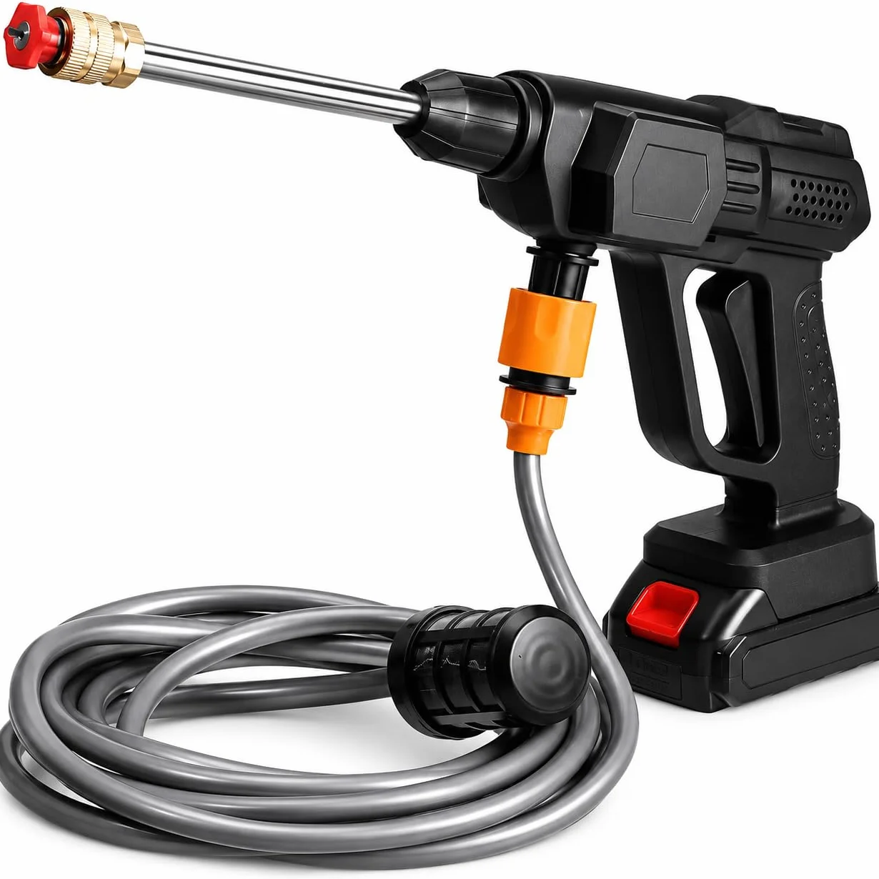 Idropulitrice a Batteria 42V Portatile Professionale, 2 Batterie 8000mAh, Tubo 5M, Pistola Alta Pressione Senza Fili per Auto, Moto, Bici, Pavimenti, Giardino e Pulizia Esterni