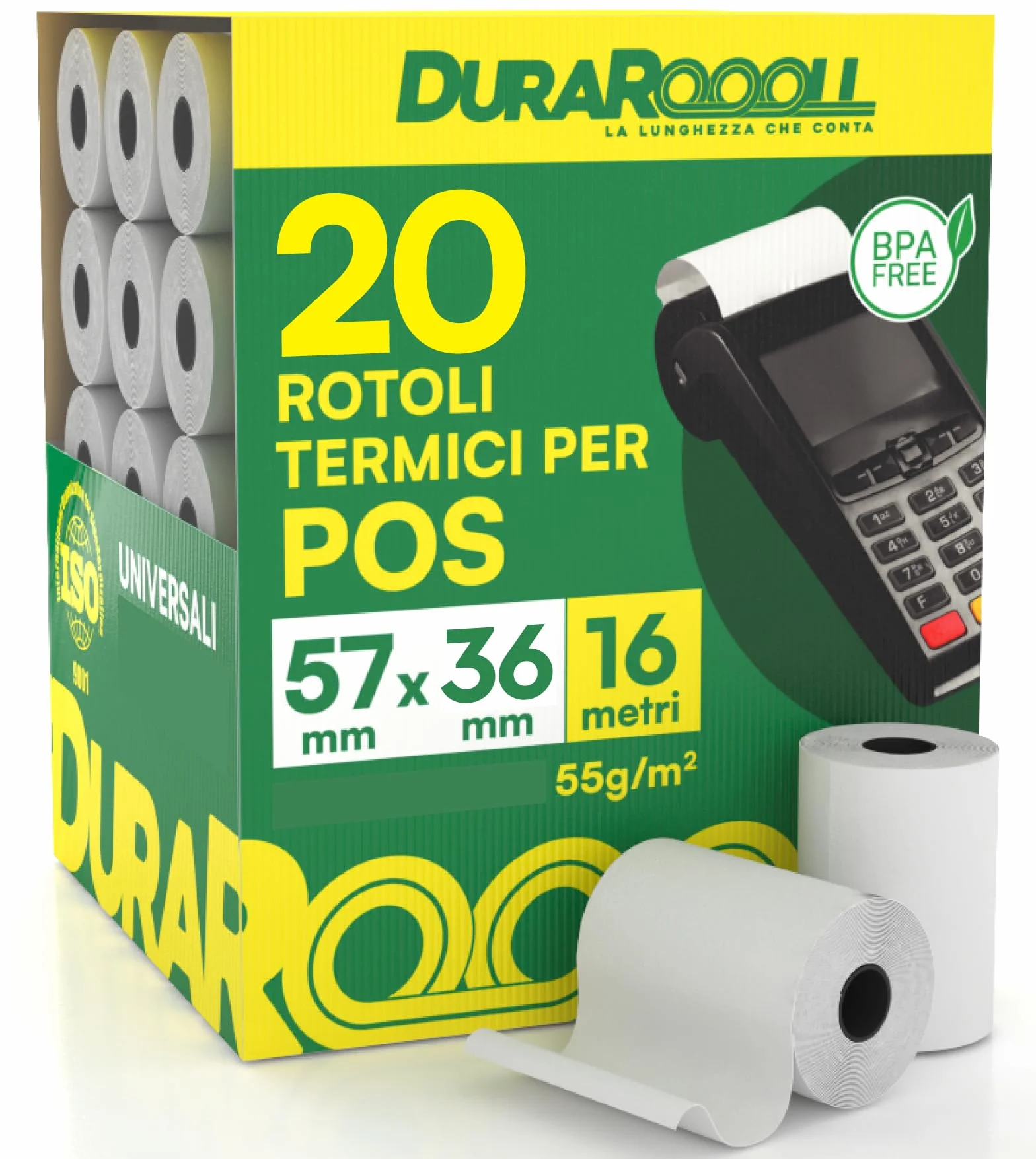 Carta per POS 57x36 Rotoli Termici DuraRoooll 16m Compatibile Nexi SumUp Pax Axerve Ingenico Smart POS
