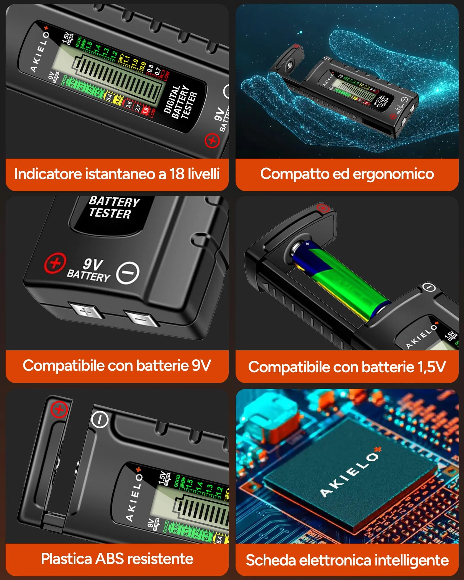 AKIELO+ Tester Digitale per Batterie AA AAA C D 9V 1,5V Pila a Bottone con Display LCD