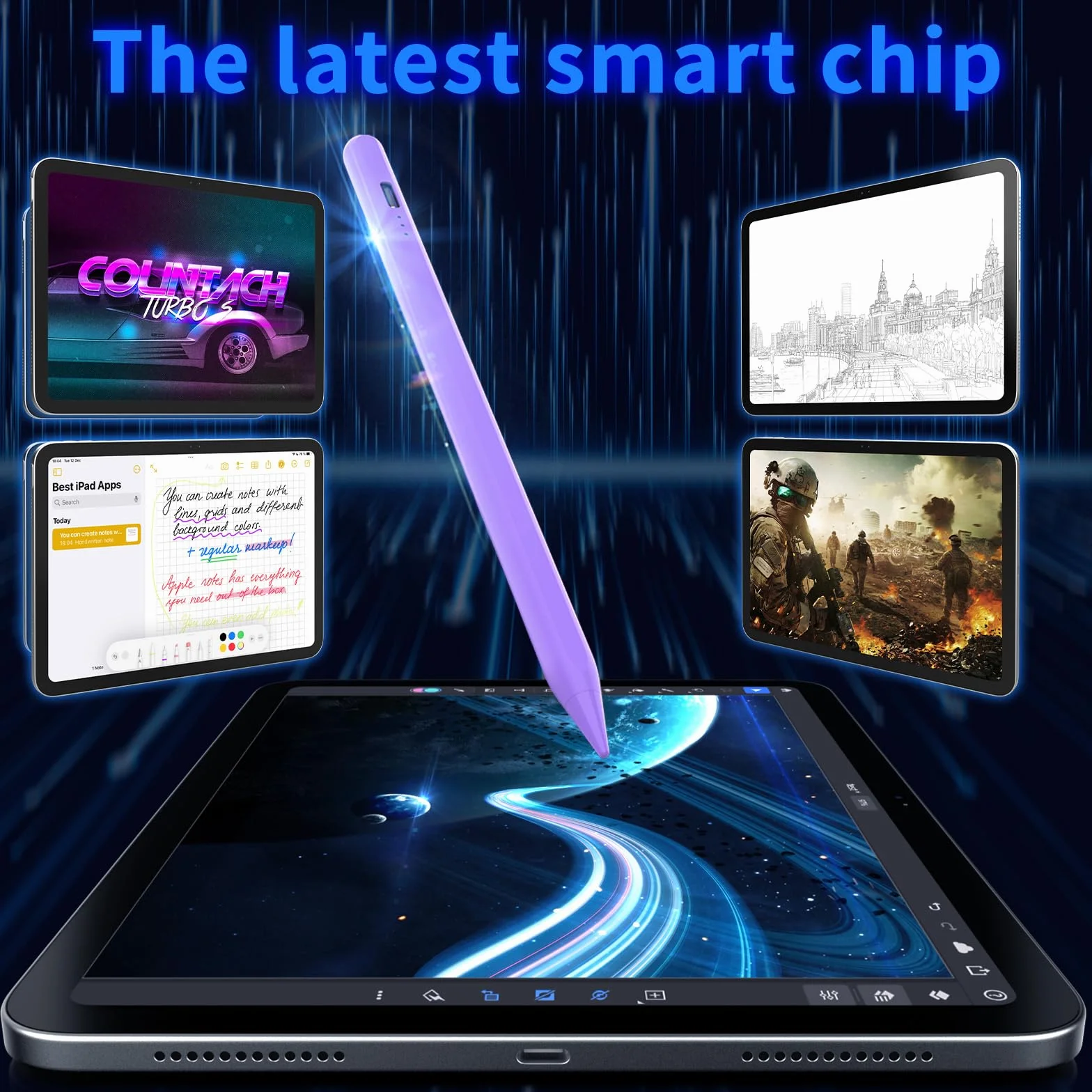 Penna per iPad 2018-2026, Pencil con Palm Rejection, Ricarica rapida, Inclinazione, Viola
