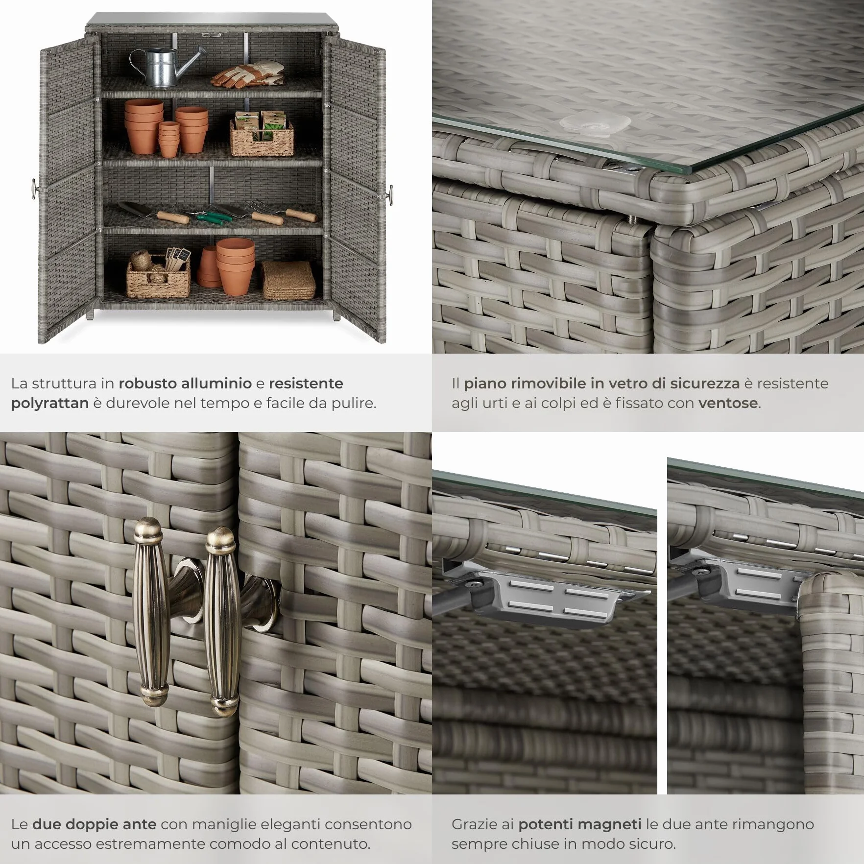 Tectake Armadio da Giardino in Rattan 84x40x103 cm 4 Scomparti Grigio