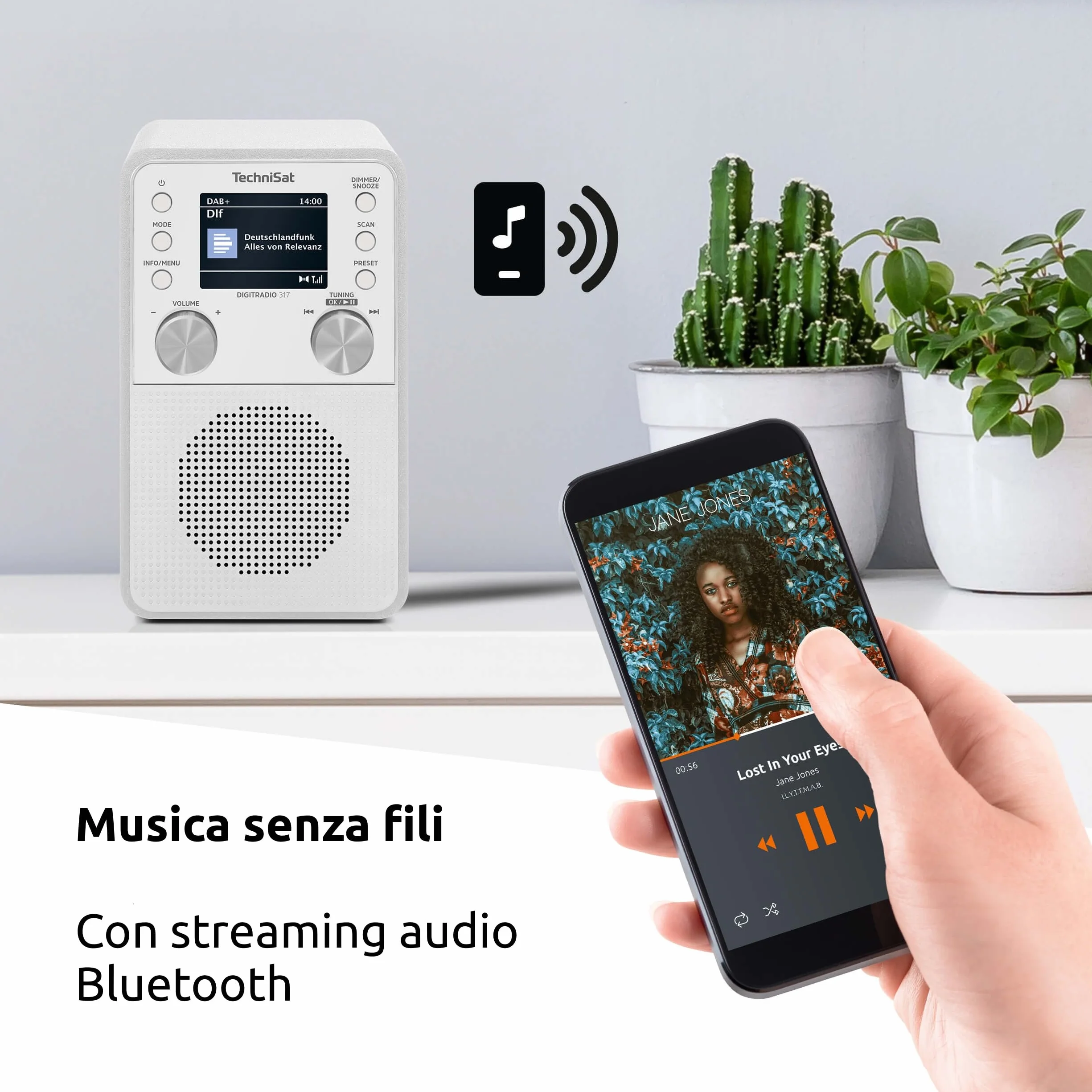 TechniSat DIGITRADIO 317 Radio FM DAB+ Bluetooth Streaming Sveglia Timer Display 2,4 Pollici 3W Bianco