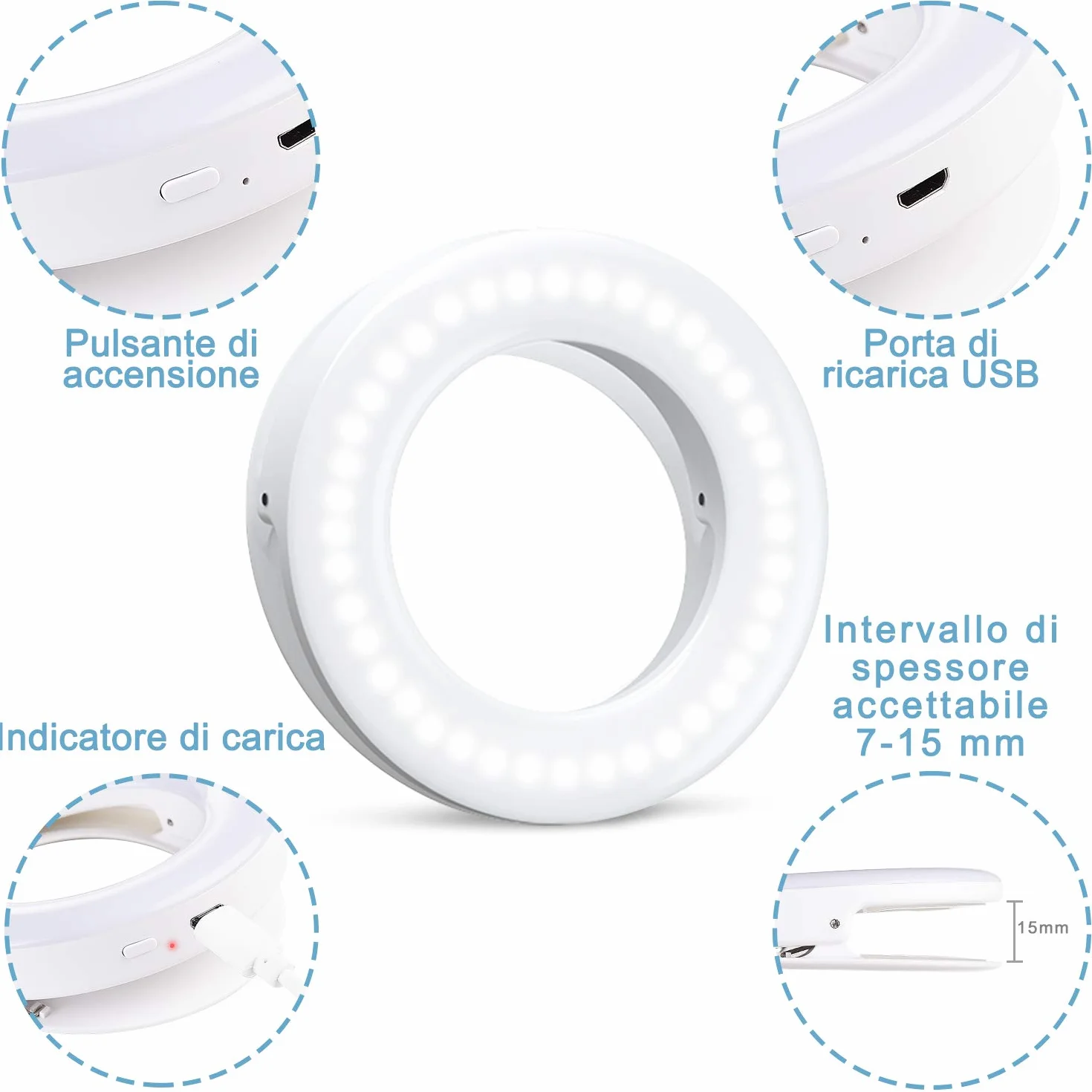 Diyife Selfie Ring Light Ricaricabile 3 Livelli Luminosità 40 LED con Clip per Telefono YouTube Facebook Live Stream