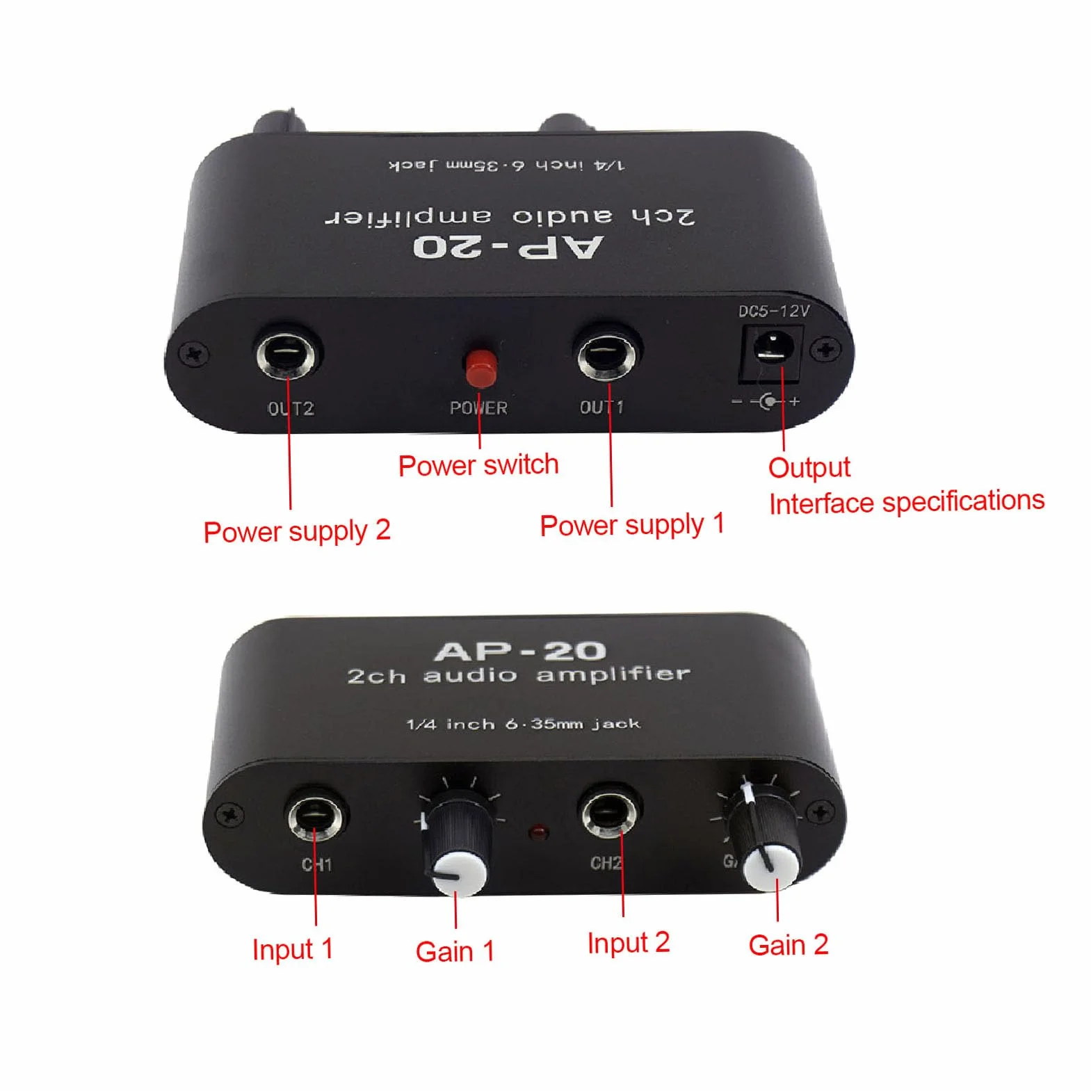 Preamplificatore 2 Canali 0-20 DB 1/4 Pollici 6,5 Mm CC 5-12 V per Microfoni