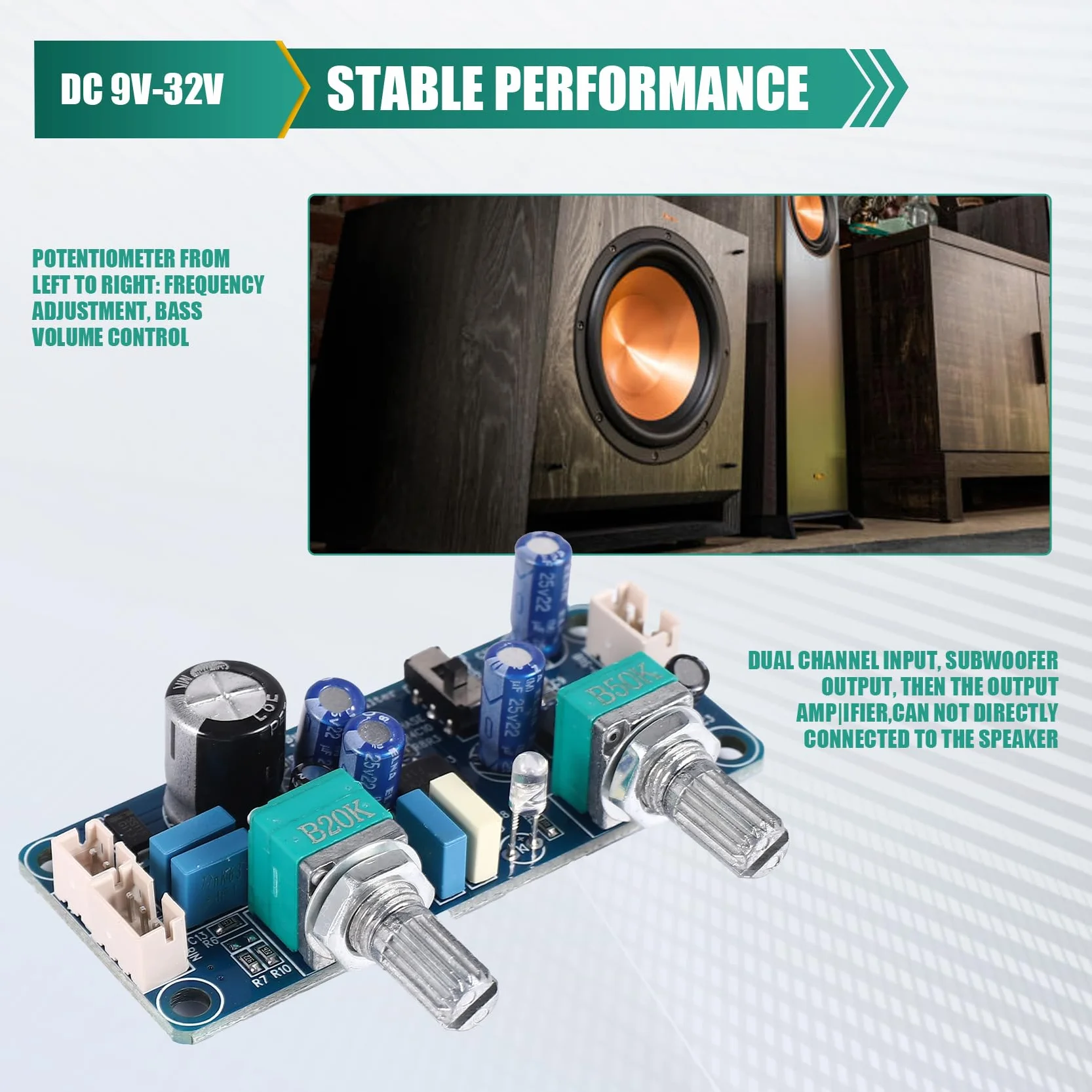 Preamplificatore Subwoofer Filtro Passa Basso Scheda Amplificatore DC 9-32 V Regolazione Volume