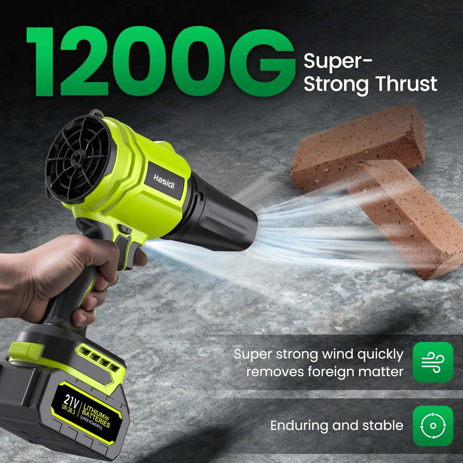 Soffiatore a Batteria, 900.000 RPM, Soffiatore Foglie Elettrico Completo di 2 Batterie, Caricabatterie e 2 Ugelli, per Giardino, Cortile, Auto e Rimozione Neve, Verde