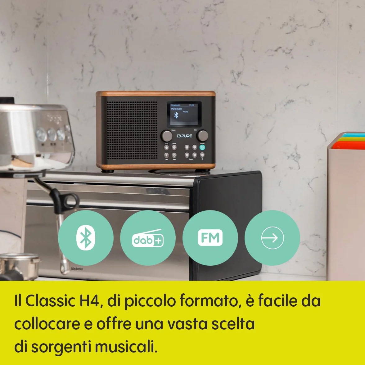 Pure Classic H4 Radio da Cucina Digitale DAB+ FM Bluetooth USB AUX Timer Sveglia Caffè Nero Noce