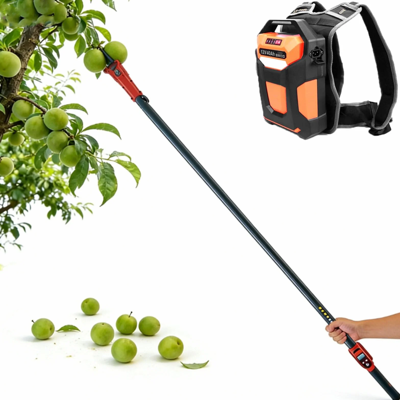 Raccogli Olive Elettrico con Asta Telescopica Senza Fili da 1,75-3 Metri,Raccoglitrice di Frutta Elettrica, Zaino con Batteria da 6-8 Ore,Doppia velocità per Frutti Morbidi E Duri 600W