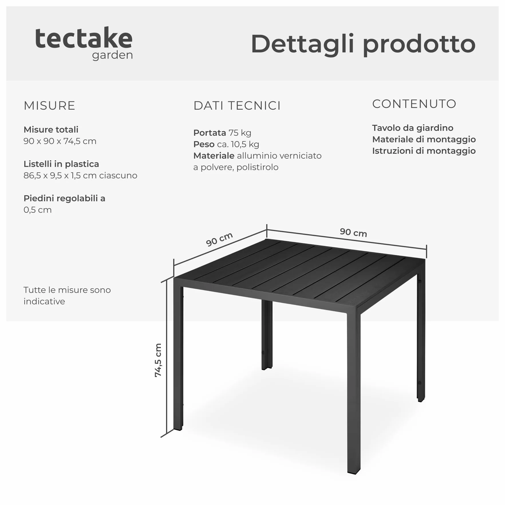 tectake®, Tavolo da Giardino in Alluminio, Tavolo da Esterno, Tavolino da Balcone, Effetto Legno, Regolabile, Resistente Intemperie, Ideale come Arredamento per Terrazzo, 90x90x74,5cm - nero